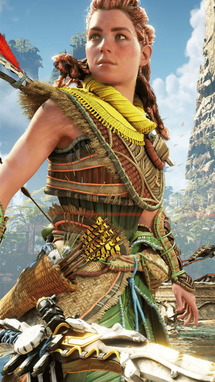 games 桌布 壁紙 — 一位辮子頭髮、身穿編織盔甲的兇猛女戰士，在茂密的叢林峽谷中，在明亮的日光下準備就緒。