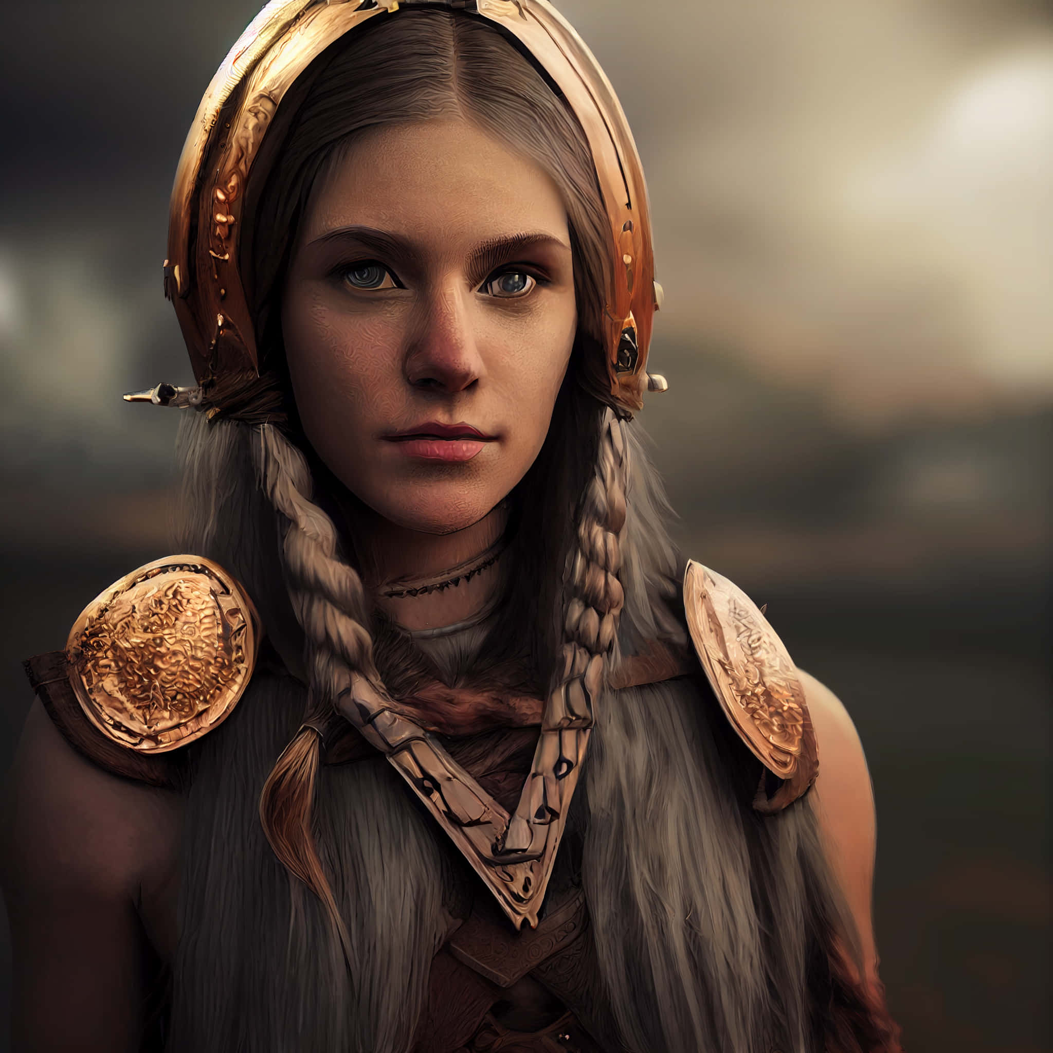 Female Viking Warriors 桌布 壁紙 — 一位辮子頭髮、身穿華麗金色鎧甲的兇猛女戰士，在朦朧的戰場背景下專注地凝視。