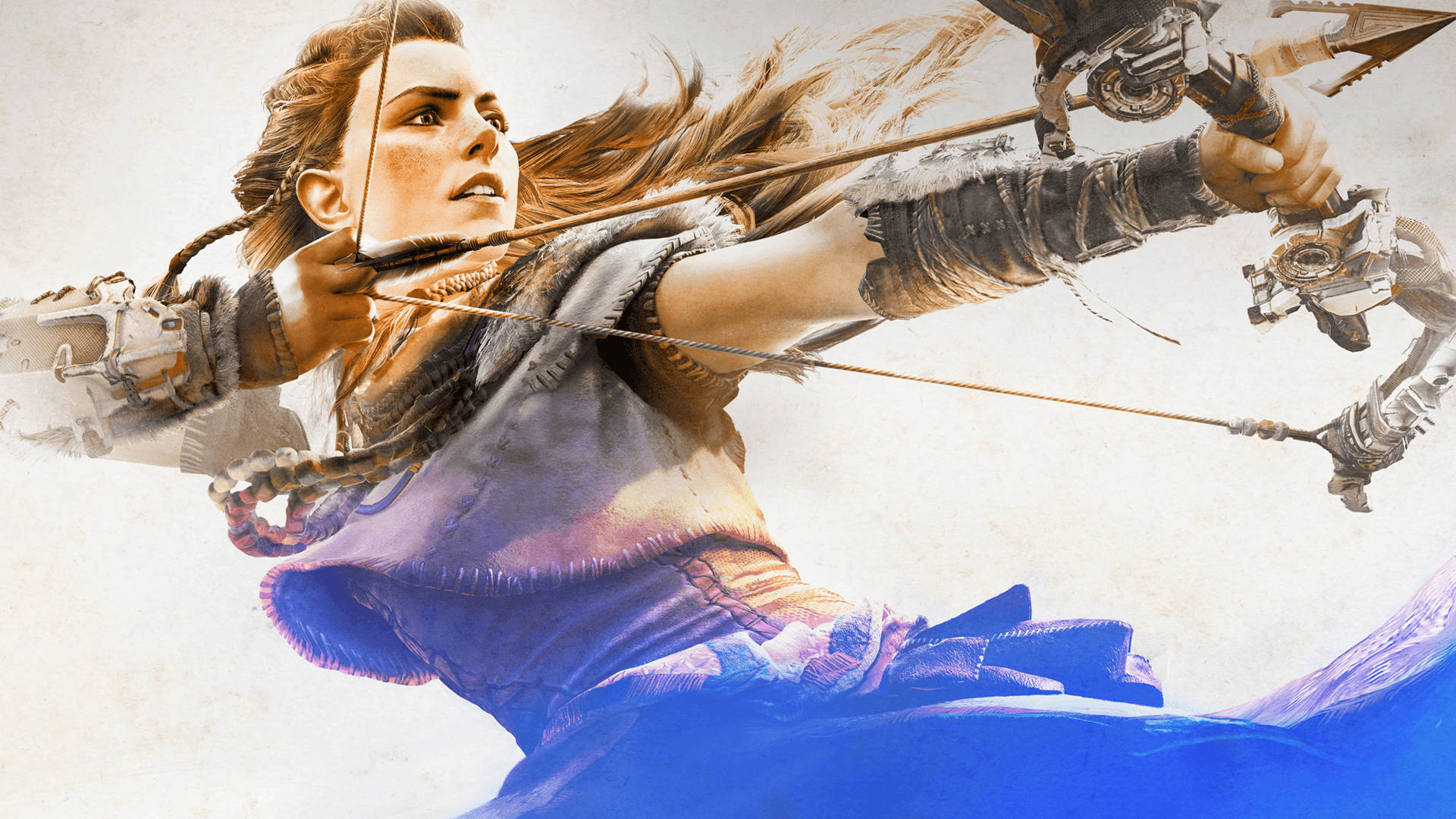 PlayStation 桌布 壁紙 — 一位辮子頭髮的兇猛女戰士，在明亮的紋理背景前，以強烈的專注力拉開一把精細的弓。