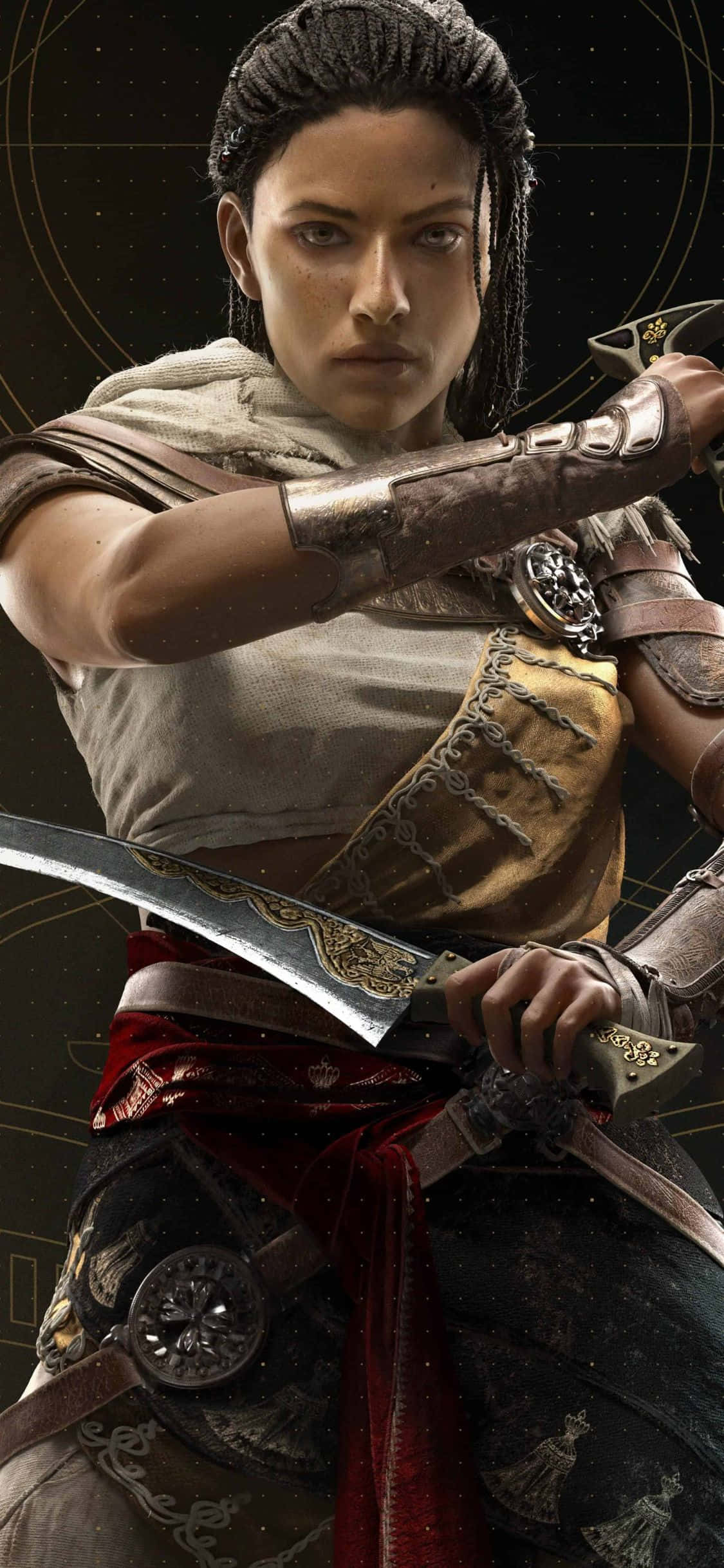 iPhone X Assassin's Creed Origins 桌布 壁紙 — 一位辮子頭髮的兇猛女戰士，在深色圓形背景下以緊張的戰鬥姿勢握著彎曲的刀刃。