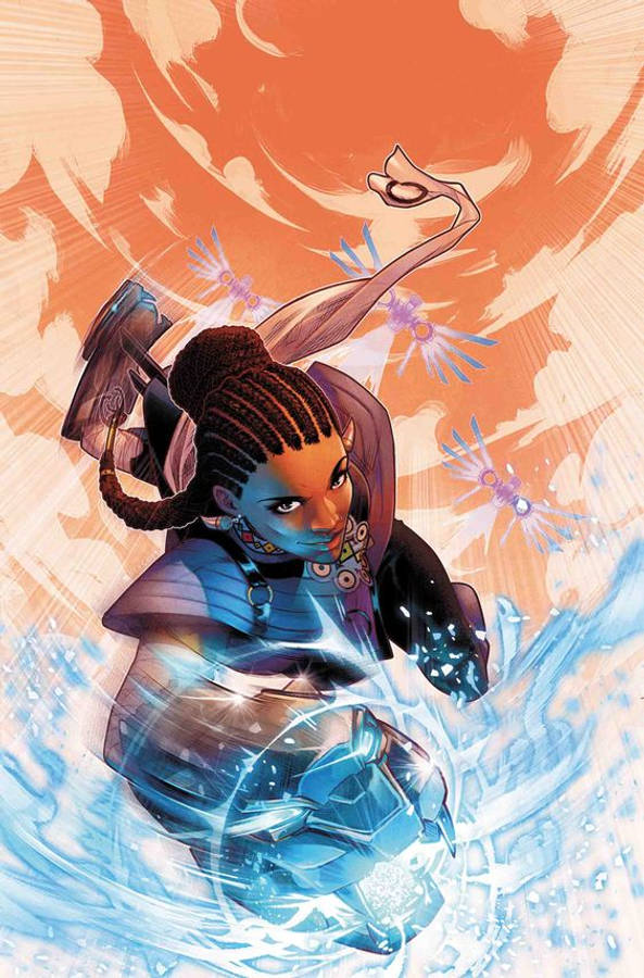 Shuri 桌布 壁紙 — 一位辮子頭髮的兇猛戰士，在旋轉的藍色能量和火熱的橙色雲層中揮舞著發光的錘子。