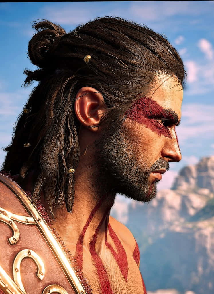 Assassin's Creed Alexios 桌布 壁紙 — 一位辮髮、塗有紅色戰漆的戰士，在晴朗藍天下以山巒為背景向前凝視。