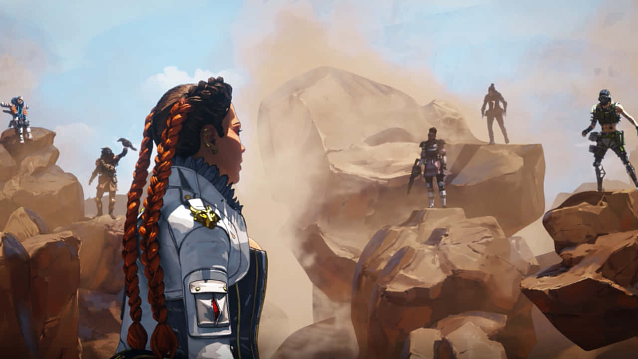 720p Apex Legends 桌布 壁紙 — 一位辮髮戰士站在塵土飛揚的峽谷中，其他身穿鎧甲的身影棲息在崎嶇的岩石 formations 上，天空朦朧。