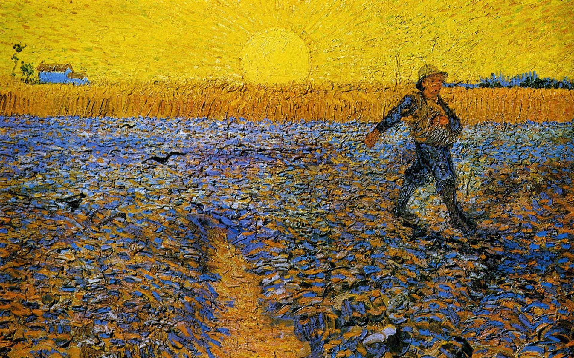 Vincent 桌布 壁紙 — 一位農夫在厚塗梵谷風格的熾熱黃色太陽下，走過紋理豐富的田野。