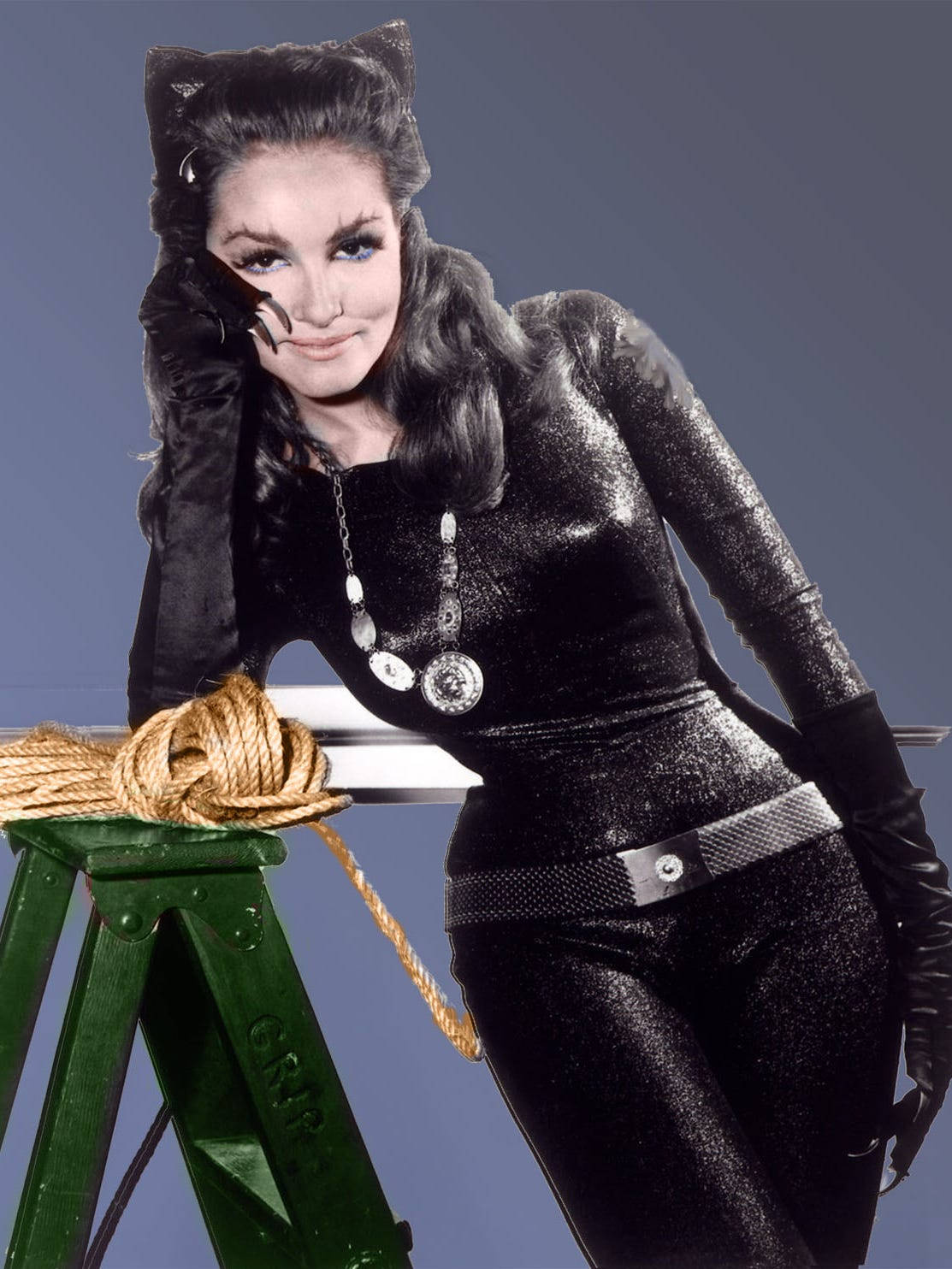 Catwoman 桌布 壁紙 — 一位迷人女性身穿黑色貓咪主題服裝，自信地擺姿勢，旁邊有一把綠色梯子和一條盤繞的繩子。