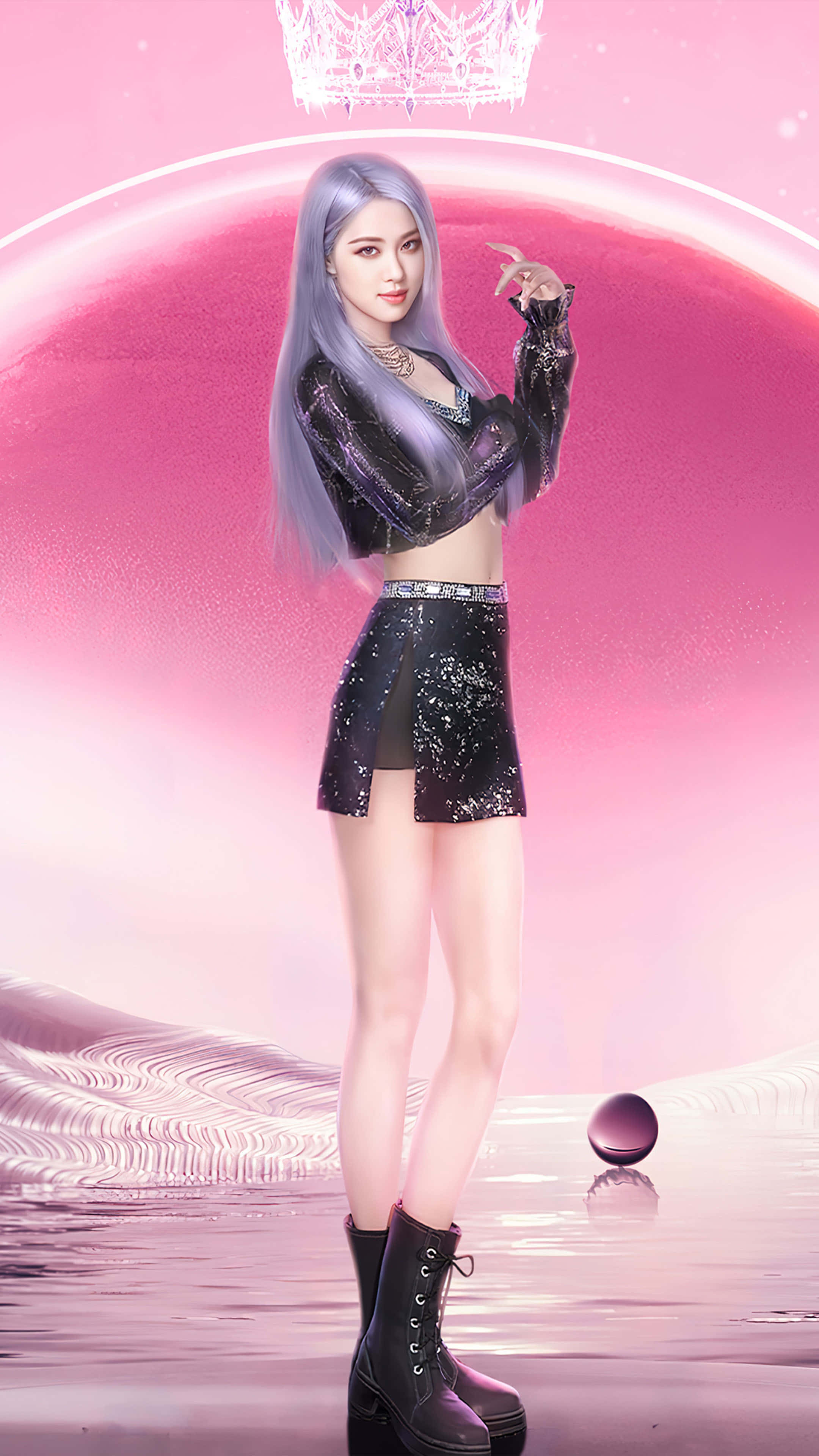 BLACKPINK 桌布 壁紙 — 一位迷人的動漫女孩，擁有薰衣草色頭髮和黑色亮片服裝，自信地站在發光的粉紅色圓頂下，頭頂有皇冠。