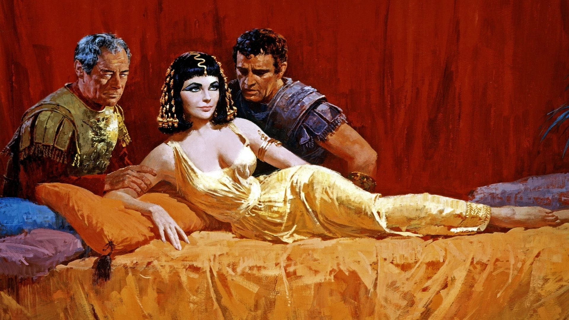 Cleopatra 桌布 壁紙 — 一位迷人的埃及女王身穿金色長袍，在兩名羅馬士兵的簇擁下，倚靠在床上，背景是濃郁的紅色。