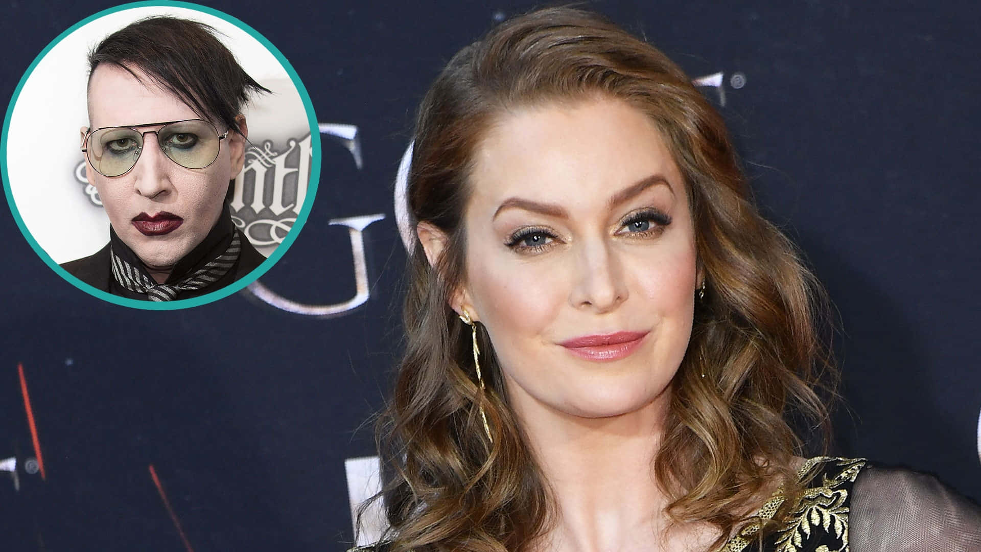 Esmé Bianco 桌布 壁紙 — 一位迷人的女性，擁有波浪形棕色頭髮和金色耳環，在一個圓形嵌入圖像旁擺姿勢，該圖像中的人帶有深色妝容和眼鏡。