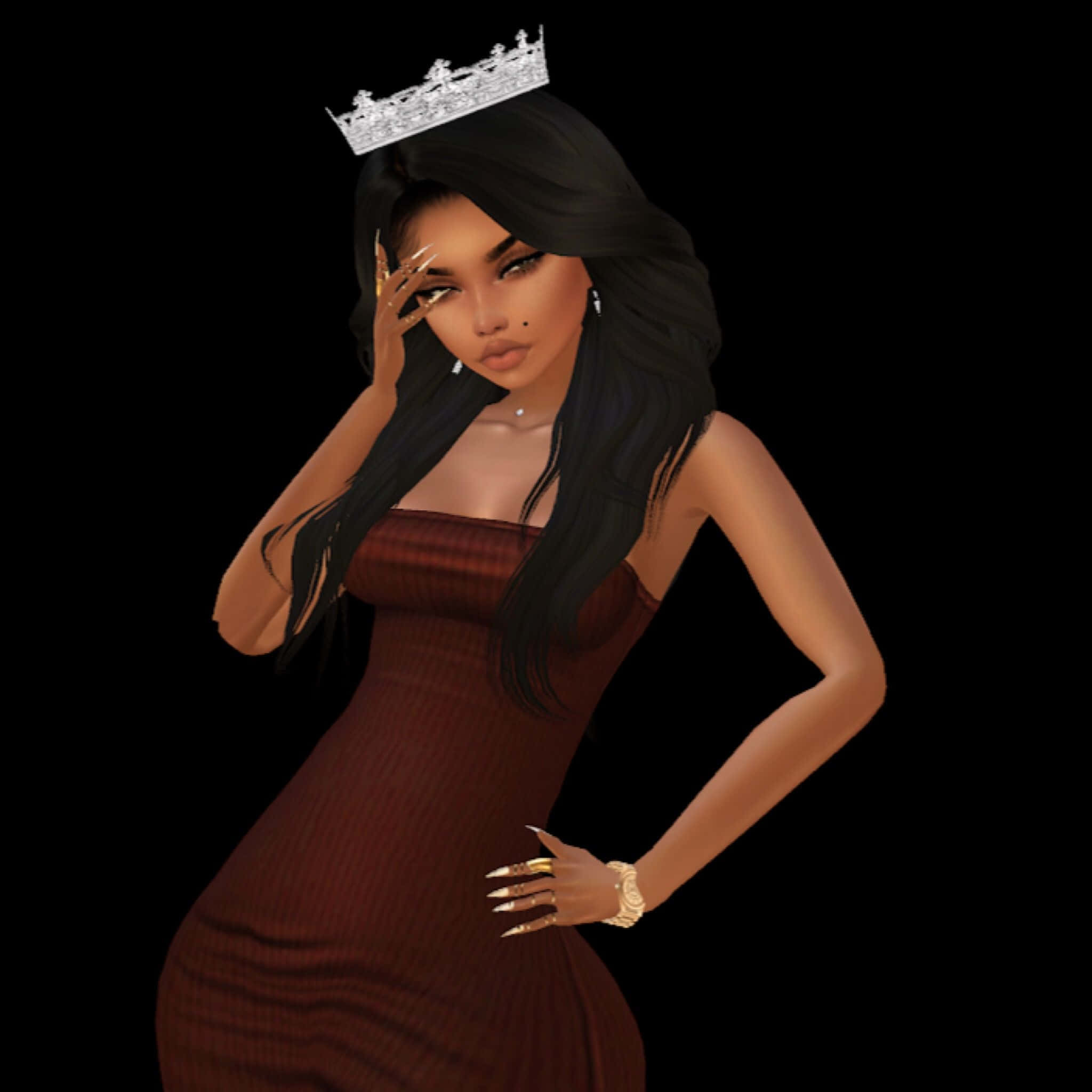 imvu 桌布 壁紙 — 一位迷人的數位女性，長長的黑髮和銀色皇冠，自信地穿著羅紋酒紅色連衣裙，在黑色背景前擺姿勢。