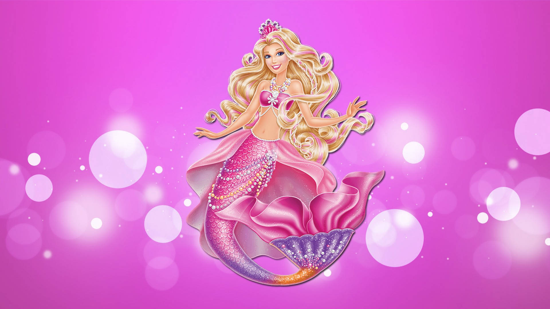 Princess 桌布 壁紙 — 一位迷人的芭比美人魚，擁有金色頭髮和閃閃發光的粉紅色尾巴，在夢幻的粉紅色背景中優雅滑行，背景中有發光的球體。