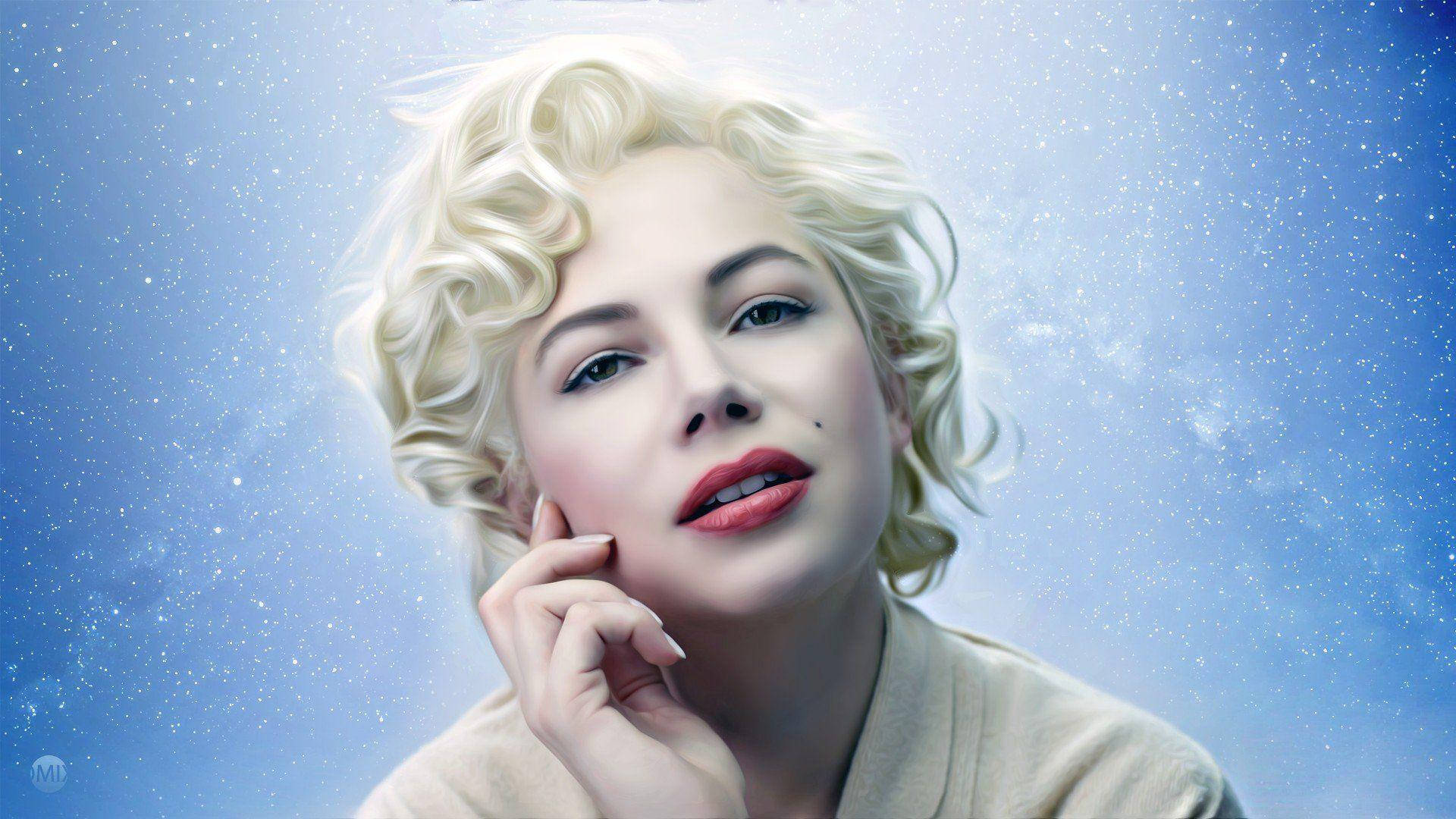 Celebrity 桌布 壁紙 — 一位迷人的金髮女郎，紅唇，在閃爍的藍色星空背景下向上凝視。
