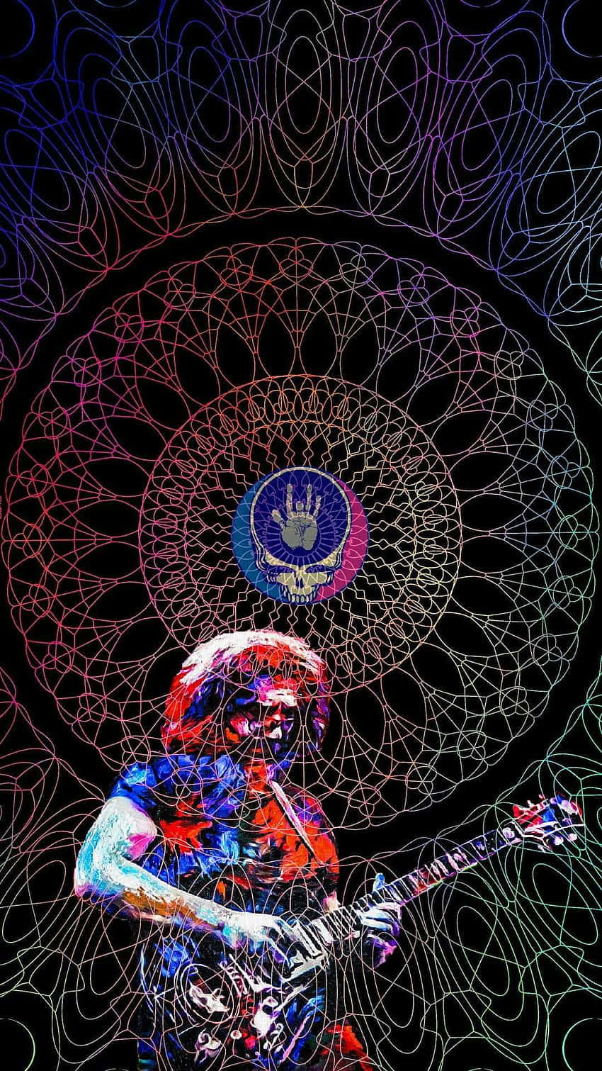 Guitar Icon 桌布 壁紙 — 一位迷幻數位藝術吉他手，帶有Grateful Dead骷髏標誌，周圍環繞著發光的曼陀羅圖案。