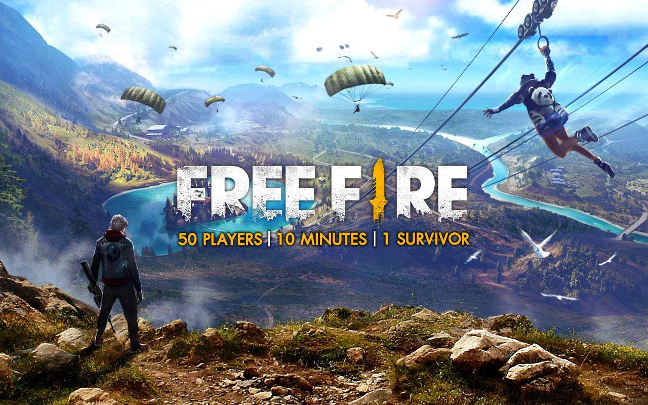 free fire 3d 桌布 壁紙 — 一位遊戲玩家站在懸崖上，俯瞰著充滿活力的山谷，跳傘者正在下降，一條滑索在蜿蜒的河流上空飛翔。