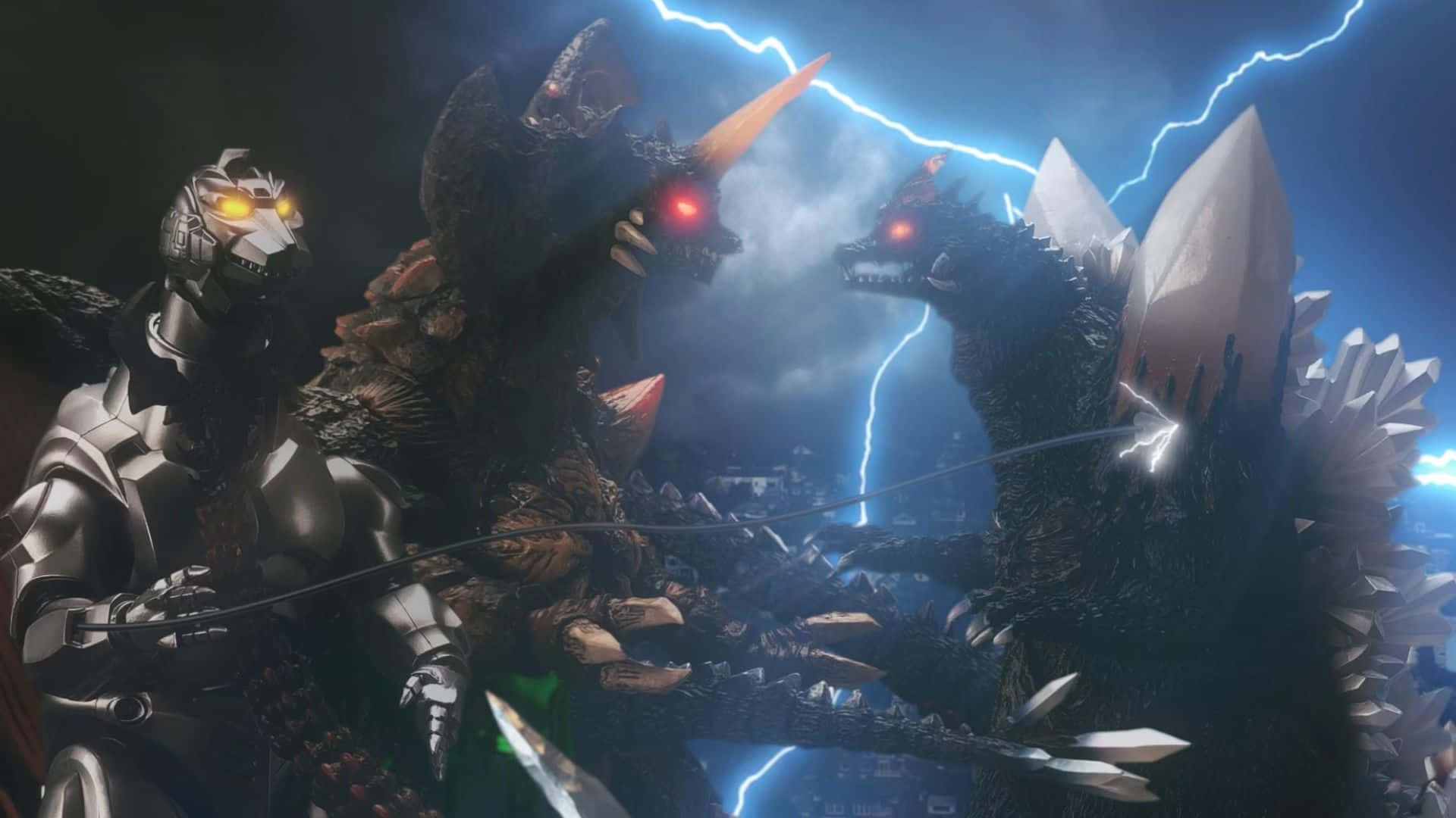 Godzilla Vs Destoroyah 桌布 壁紙 — 一位金屬裝甲英雄在雷電交加的暴風雨天空下與兩隻怪獸級巨獸戰鬥。