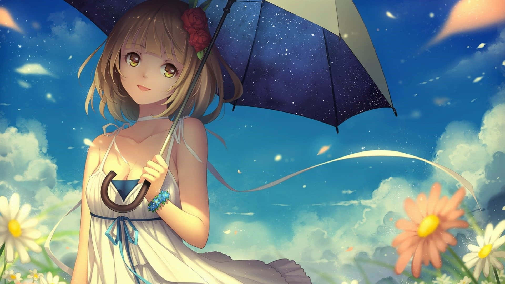 可愛 桌布 壁紙 — 一位金眼睛的開朗動漫女孩在明亮的藍天下，在漂浮的雛菊中撐著一把星星傘。