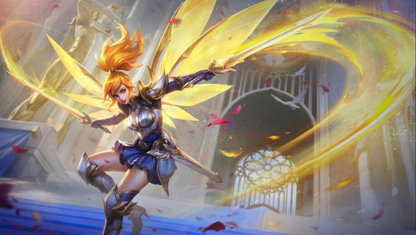 Mobile Legends 動態圖 桌布 壁紙 — 一位金翼戰士，擁有火焰般的頭髮，在教堂中揮舞著發光的劍，伴隨著飄落的花瓣。