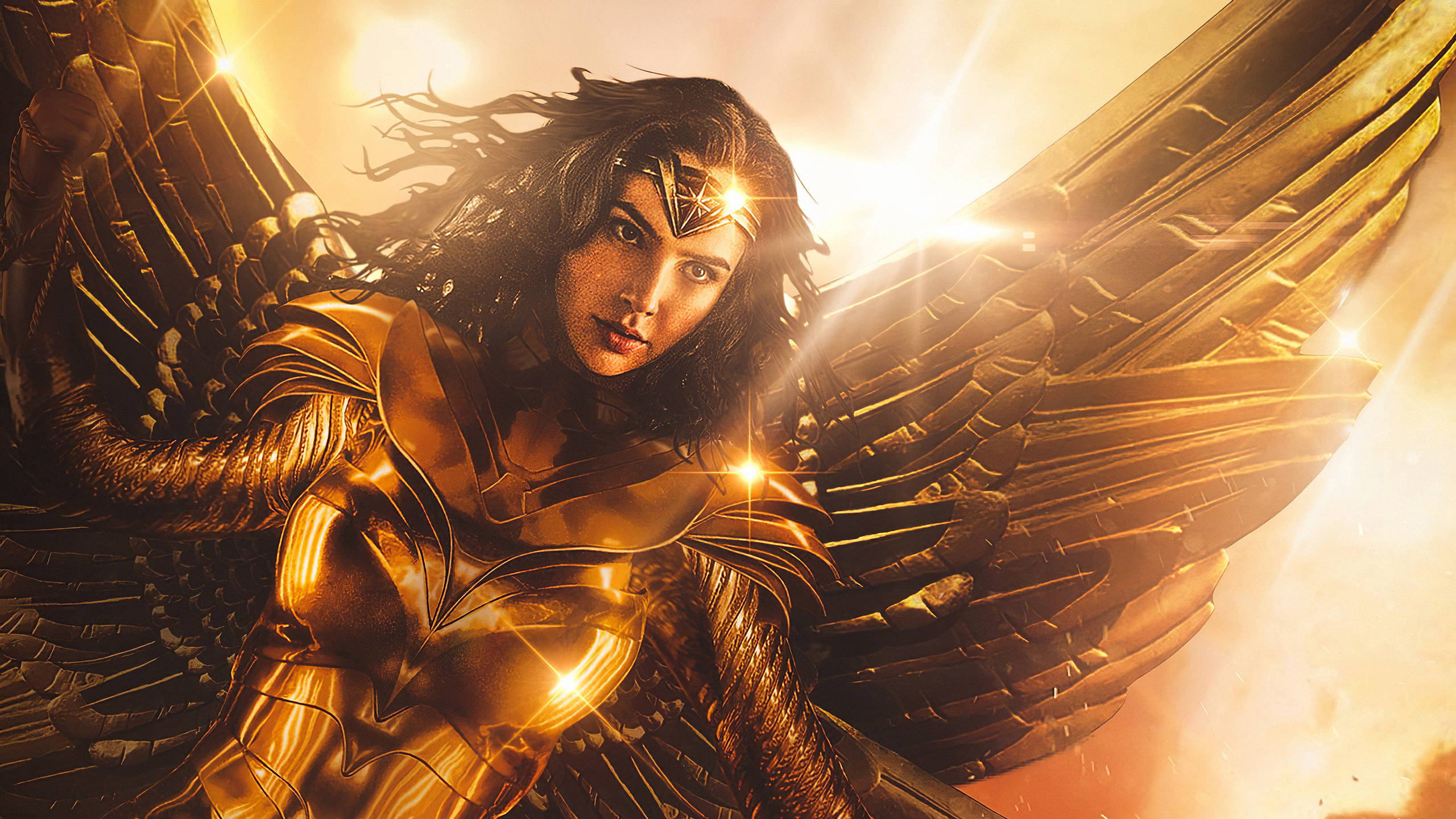 Wonder Woman 1984 桌布 壁紙 — 一位金翼戰士女神在燦爛的陽光背景下凝視著。