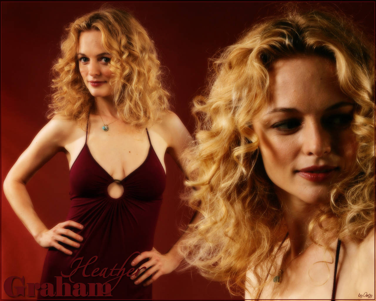 Heather Graham 桌布 壁紙 — 一位金色捲髮的女性，在豐富的栗色背景下穿著深紅色連衣裙，構成雙人肖像構圖。