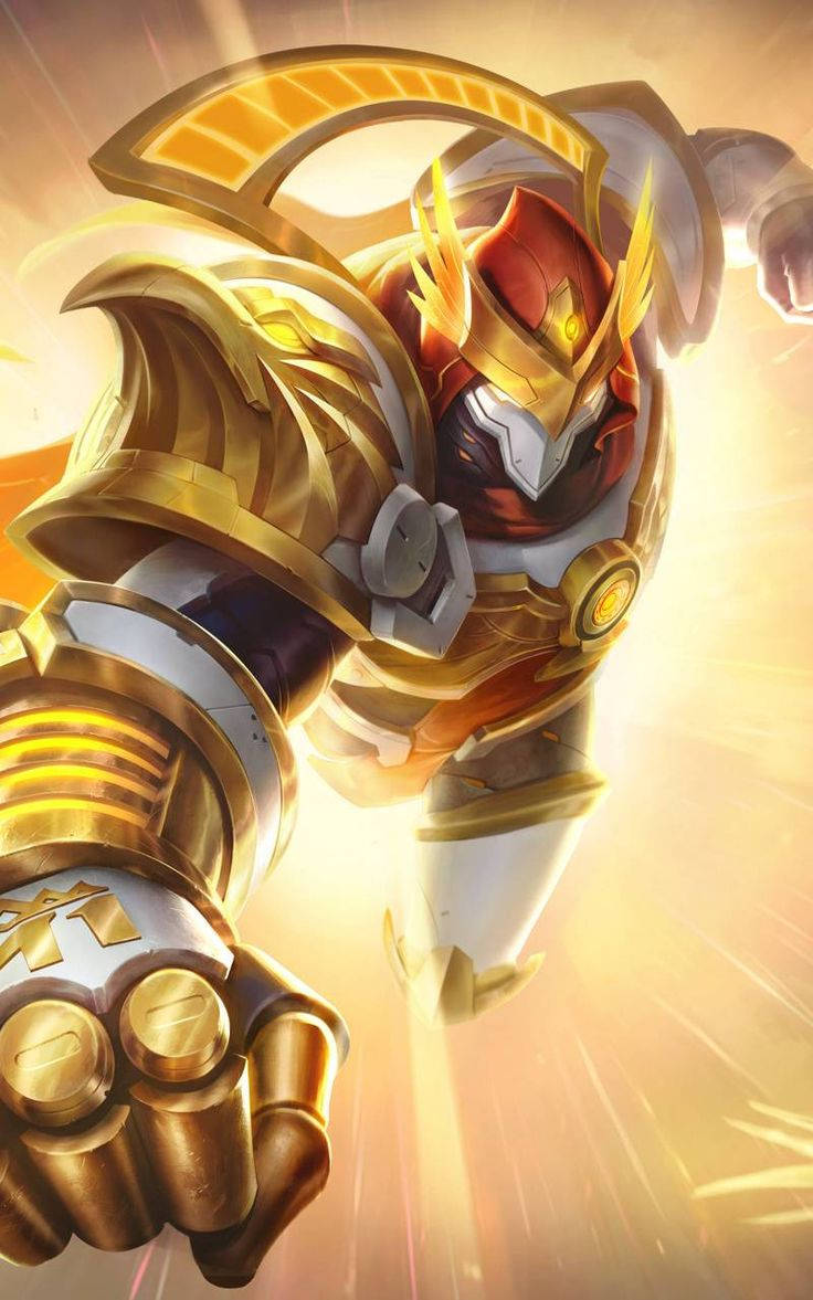 Mobile Legends 動態圖 桌布 壁紙 — 一位金色盔甲戰士，戴著紅色頭盔，眼睛發光，在燦爛的太陽背景下向前衝鋒。