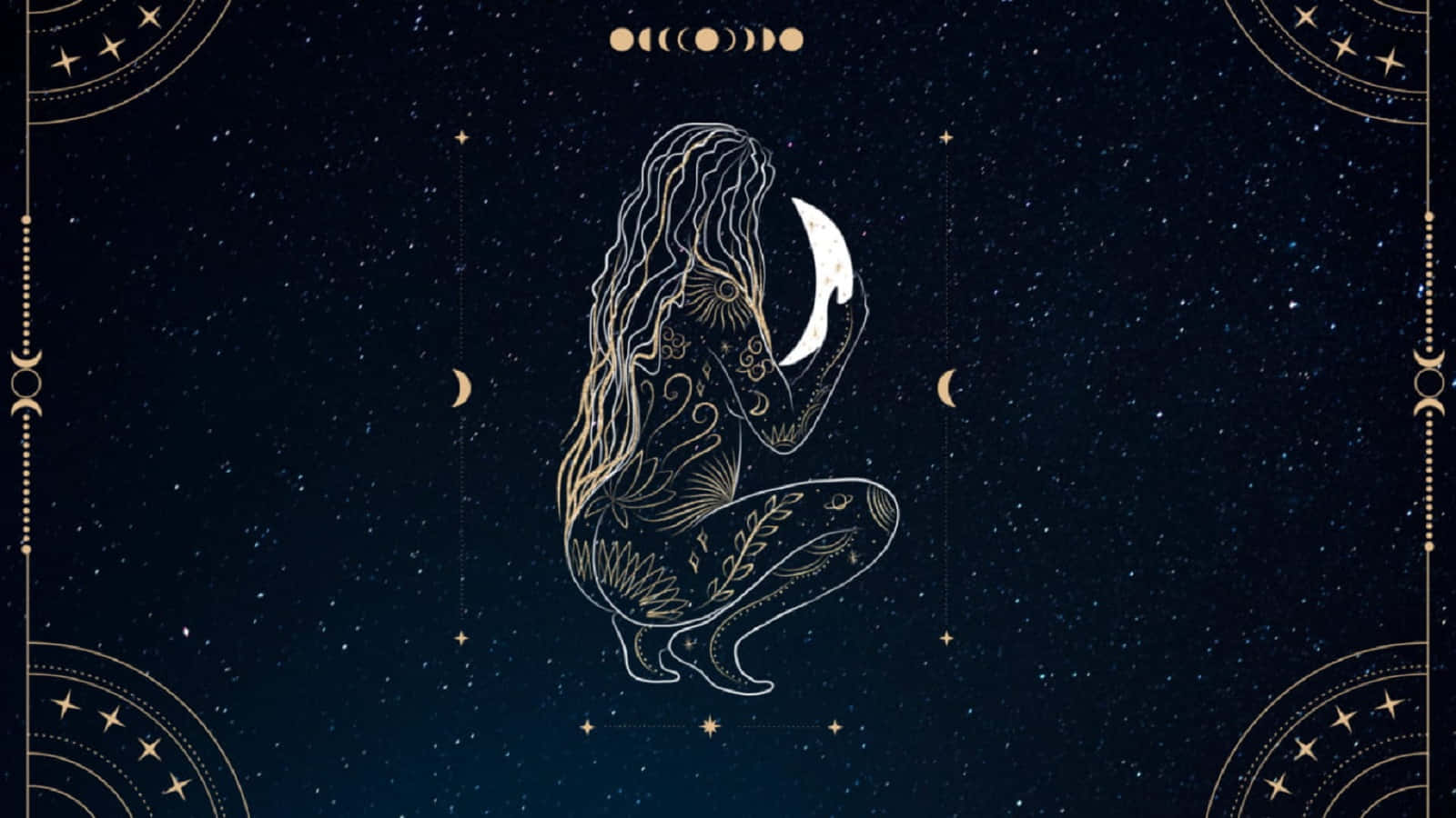 Witchy 桌布 壁紙 — 一位金色線條藝術女神跪著，手持新月，背景是繁星點點的夜空，周圍環繞著天體圖案。