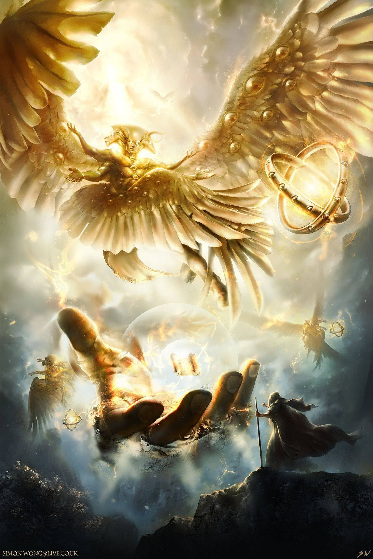 angels 桌布 壁紙 — 一位金色翅膀的天使般人物從光芒四射的天空降下，手持發光的戒指，而一位身穿長袍的人物站在下方的懸崖上。