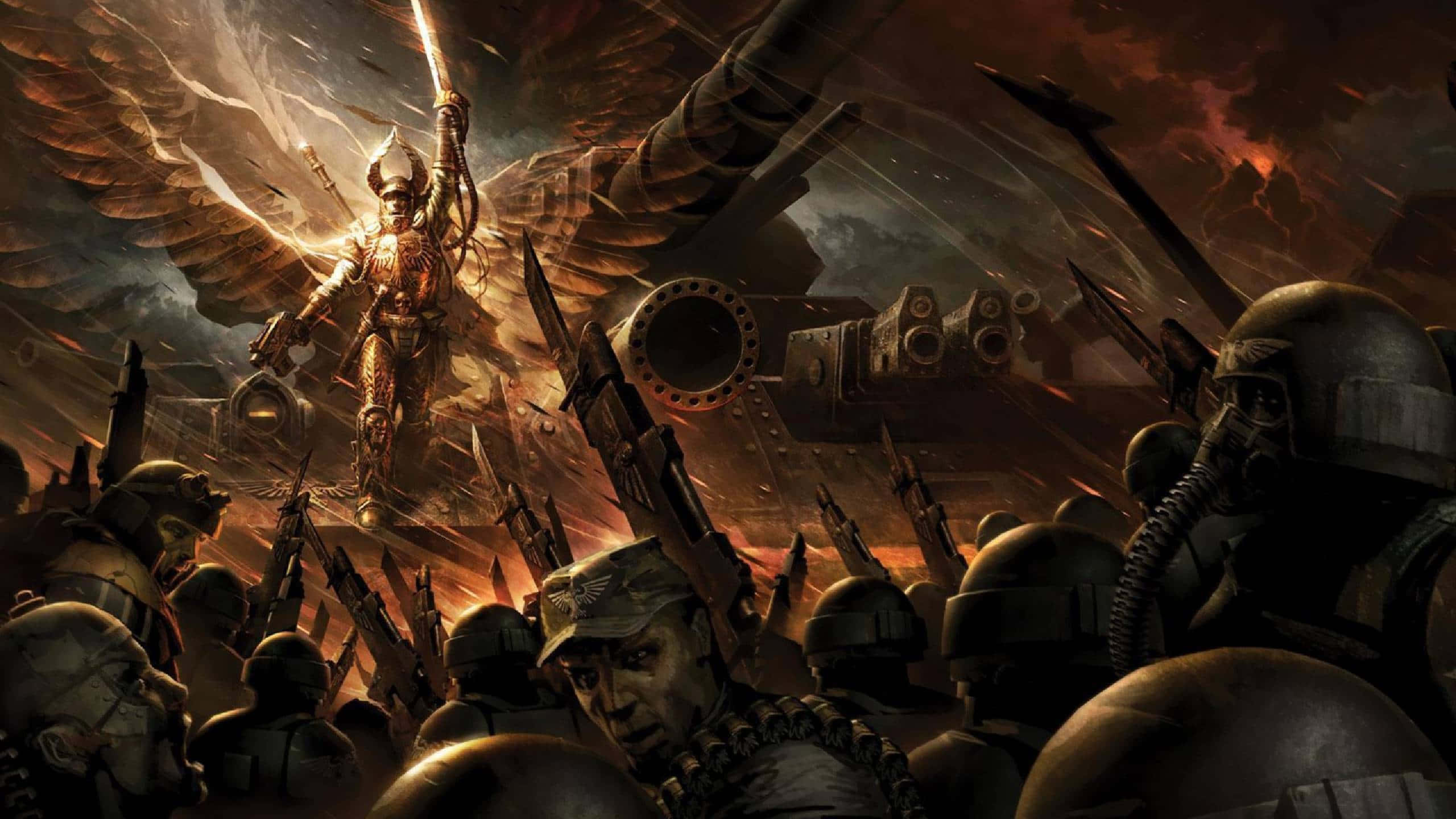 Dragon Slayer Ornstein 桌布 壁紙 — 一位金色翅膀的裝甲戰士，在火焰爆炸和機械殘骸中，對着一群頭盔士兵揮舞着發光的劍。