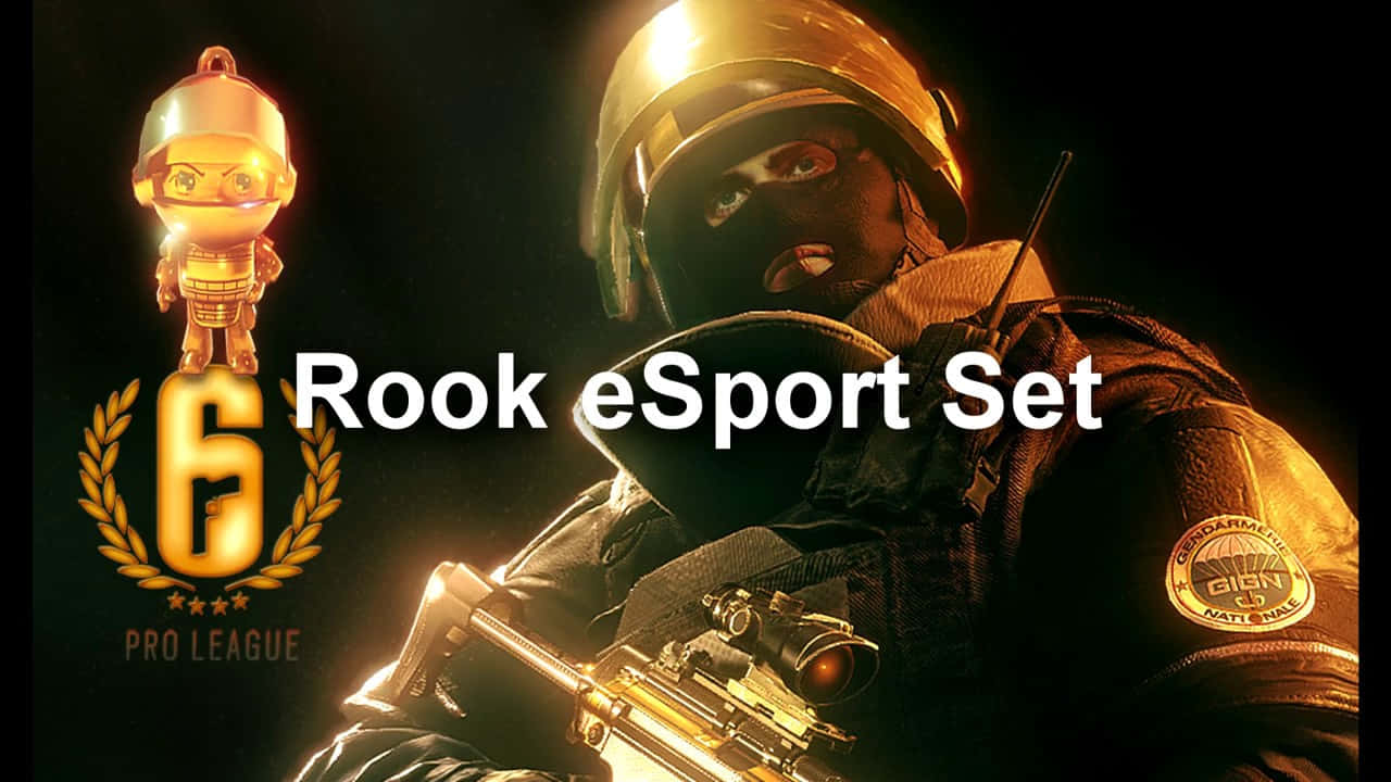 Rainbow Six Siege Rook 桌布 壁紙 — 一位金色色調的電競士兵穿著戰術裝備，在戲劇性燈光下持步槍，並有發光獎盃和 'Rook eSport Set' 文字。