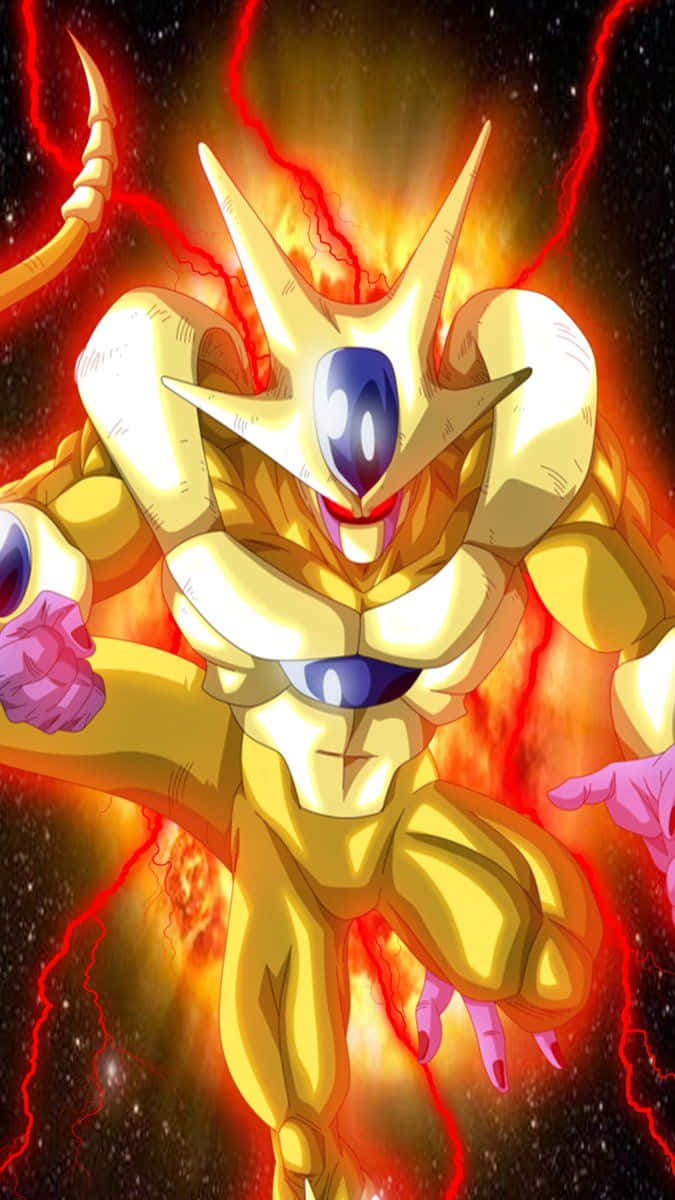 Dragon Ball Heroes 桌布 壁紙 — 一位金色裝甲動漫戰士，藍色眼睛，紅色閃電，背景是星空宇宙。