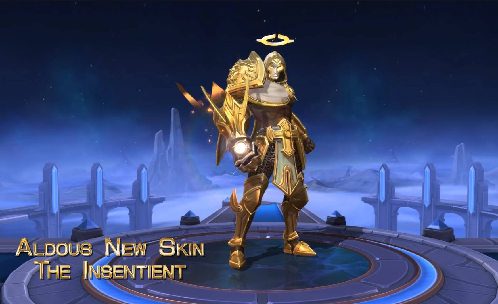 Mobile Legends 動態圖 桌布 壁紙 — 一位金色裝甲戰士帶有光環，站在發光平台上，背景是繁星點點的未來城市景觀。