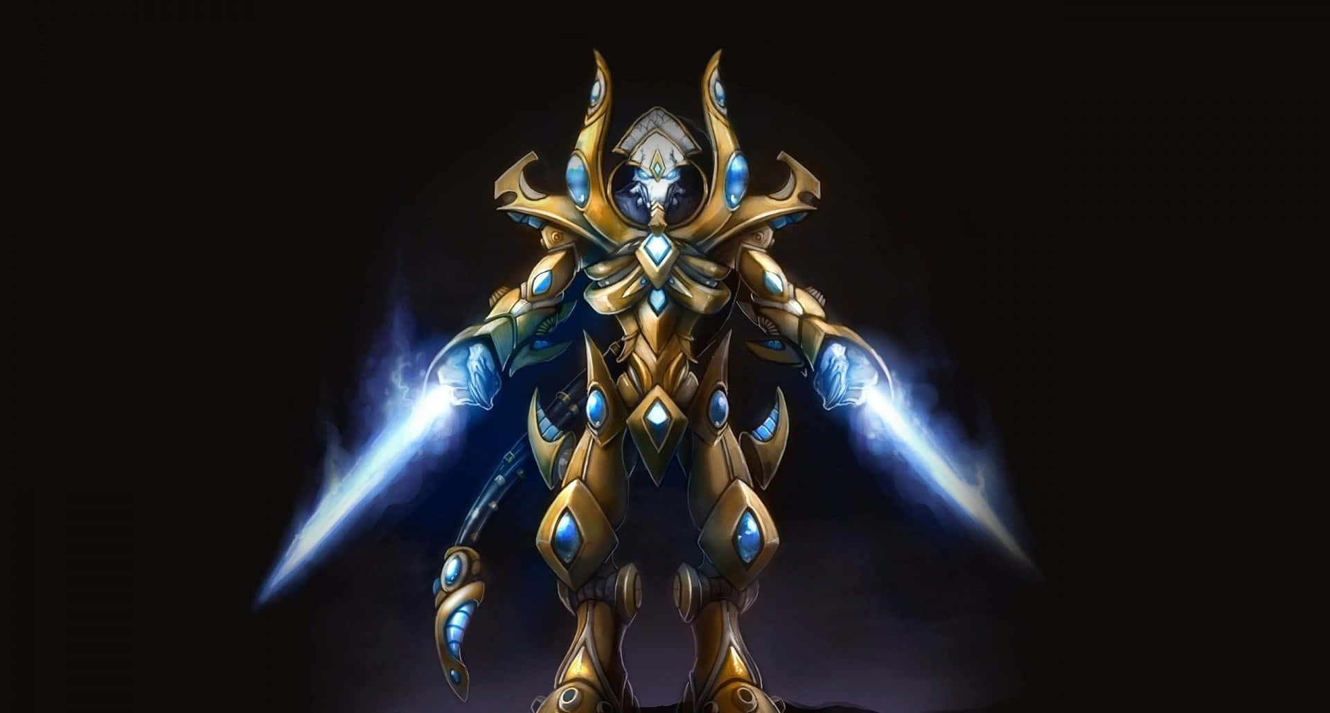 Starcraft Characters 桌布 壁紙 — 一位金色裝甲戰士手持發光藍色刀刃，在黑暗背景中蓄勢待發。