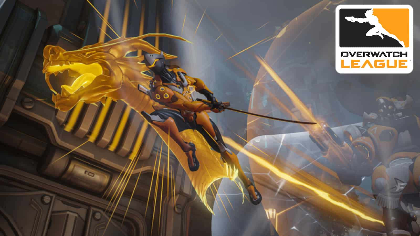 Overwatch League 桌布 壁紙 — 一位金色裝甲戰士騎著發光的龍，在充滿高能量戰鬥的未來城市景觀中飛馳。