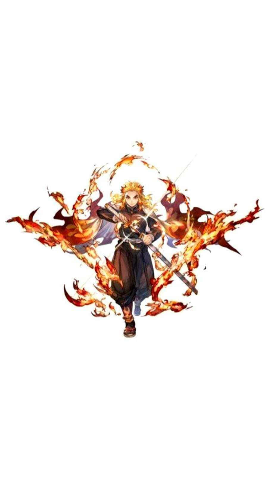 Rengoku Minimalist 桌布 壁紙 — 一位金色頭髮的火焰動漫戰士，在純白背景前揮舞著劍，周圍環繞著動態火焰。