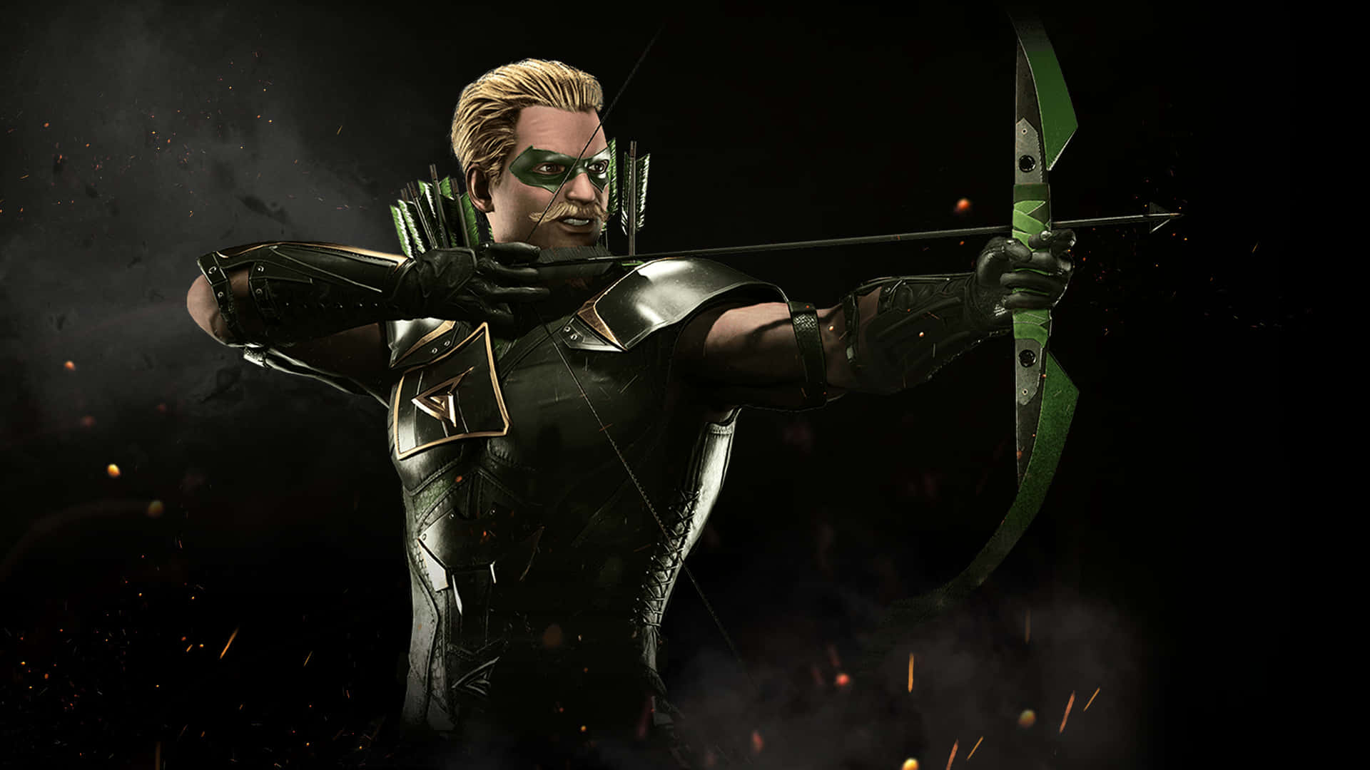 Green Arrow 桌布 壁紙 — 一位金髮、戴綠色面具的數位藝術超級英雄，在黑暗煙霧背景中拉弓，周圍有發光的餘燼。