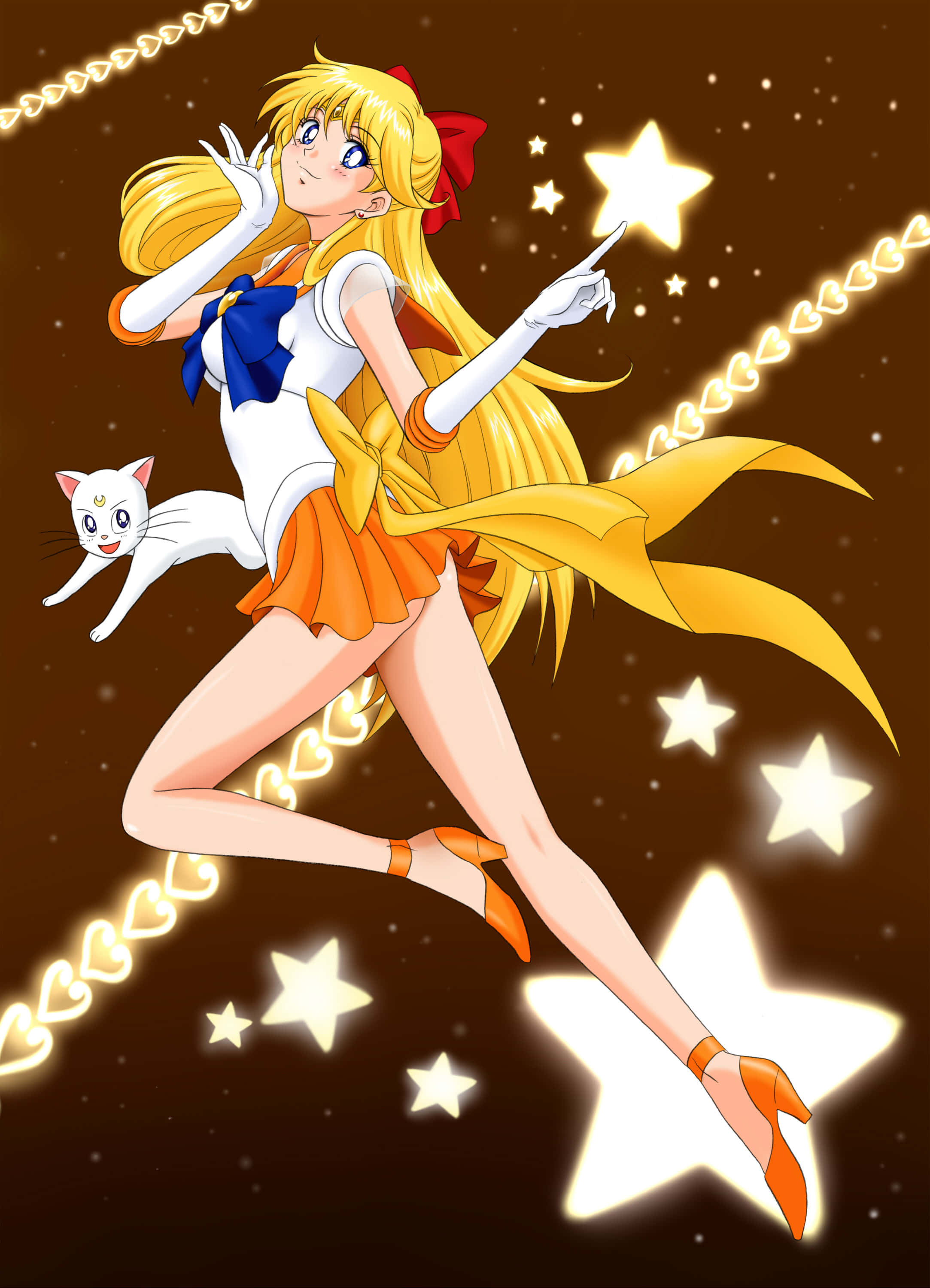 Sailor Venus 桌布 壁紙 — 一位金髮、身穿白色和橙色水手服的可愛動漫女孩，在佈滿星星的棕色背景上與一隻白貓一起動態跳躍。