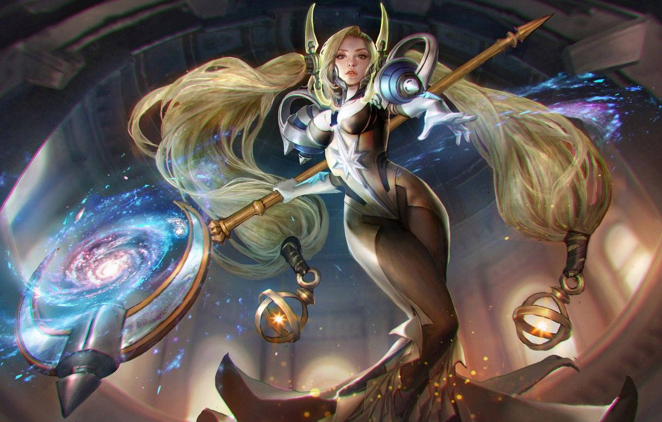 蔚藍 桌布 壁紙 — 一位金髮、身穿盔甲的女戰神，在旋轉的星系和發光球體中揮舞著宇宙長矛和盾牌。