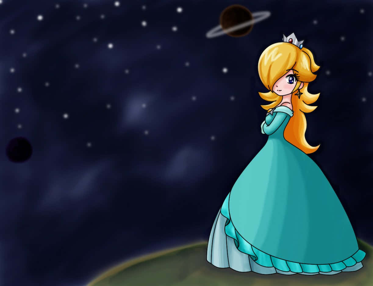 Princess Rosalina 桌布 壁紙 — 一位金髮、身穿青綠色長袍的Q版公主，站在一顆行星的邊緣，背景是繁星點點的夜空和一顆帶環的行星。