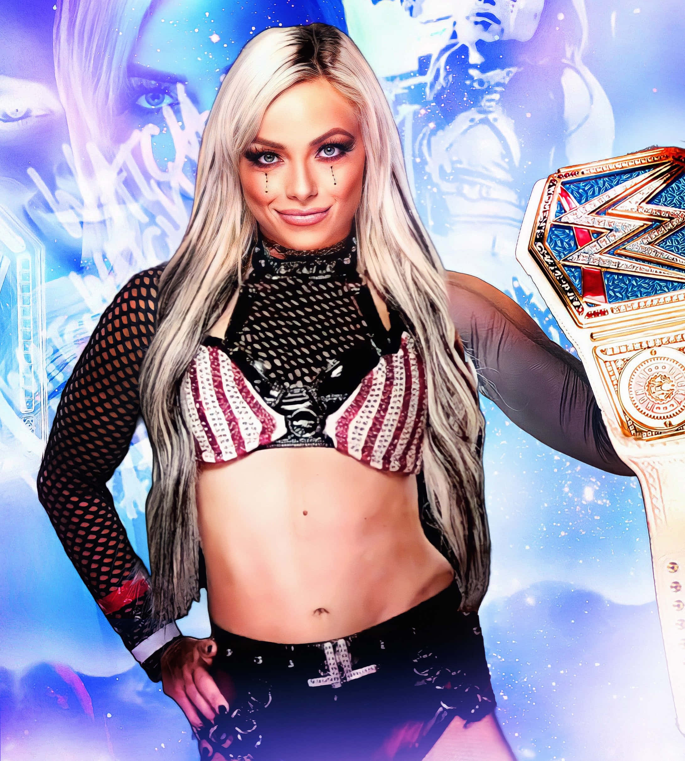 WWE 桌布 壁紙 — 一位金髮WWE摔角手穿著紅白條紋上衣，在發光的藍色宇宙背景下自信地擺姿勢，手持冠軍腰帶。