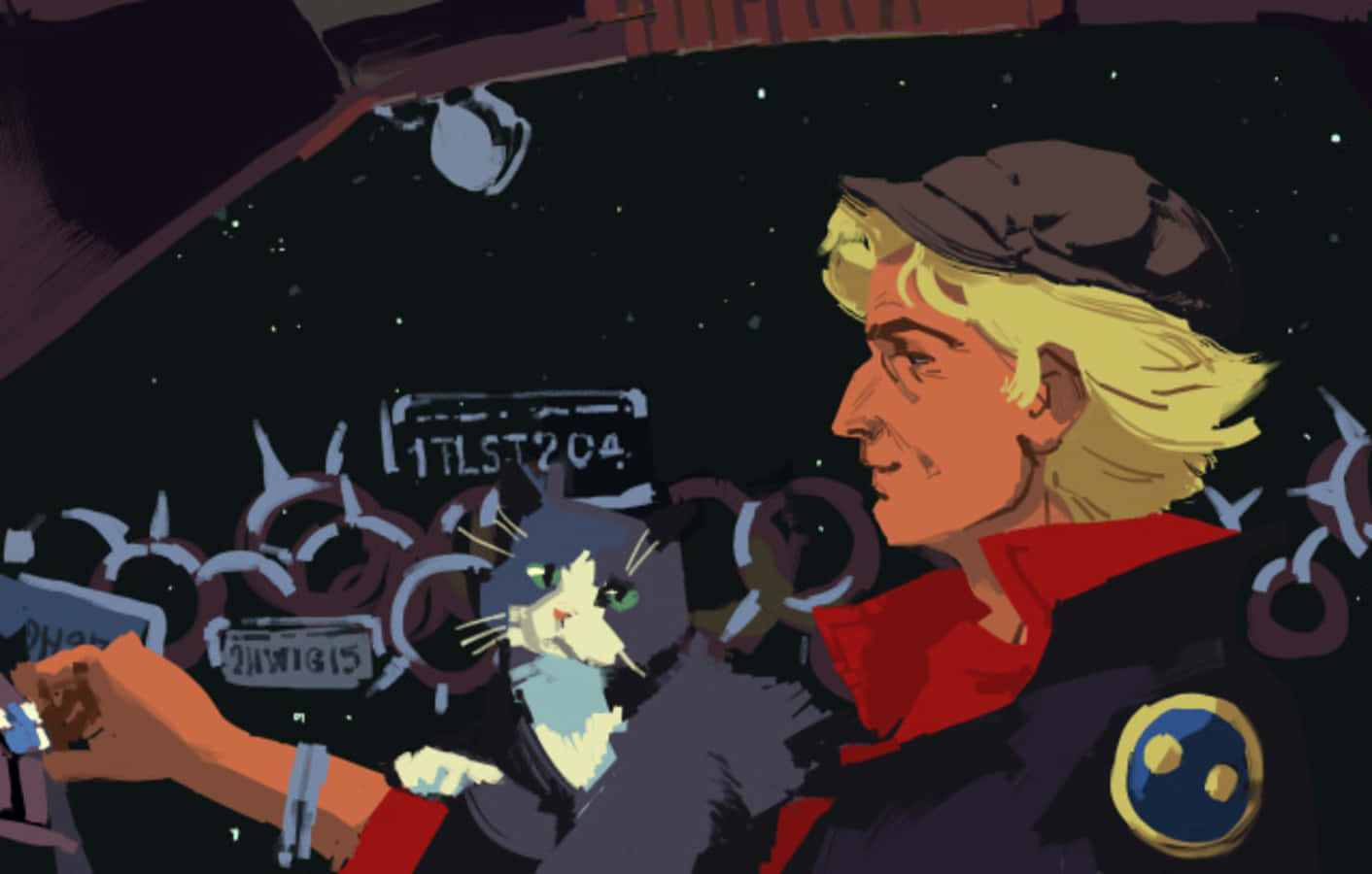 Cowboy Bebop Vt 桌布 壁紙 — 一位金髮人士穿著紅色領口外套，在星空下夜晚開車，副駕駛座有一隻貓。