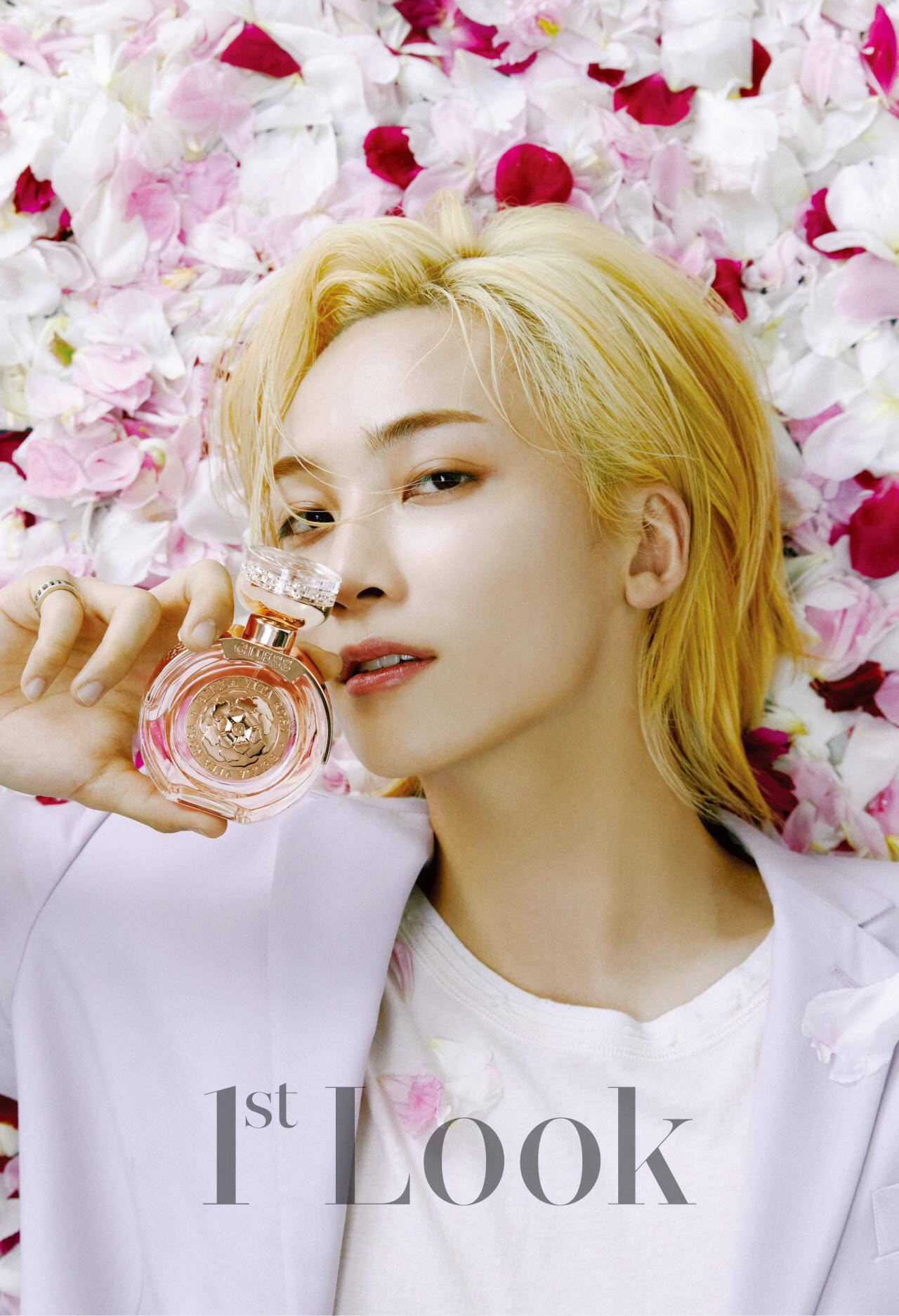 yoon jeonghan 桌布 壁紙 — 一位金髮人士躺在粉紅色和白色的花瓣中，手持香水瓶。
