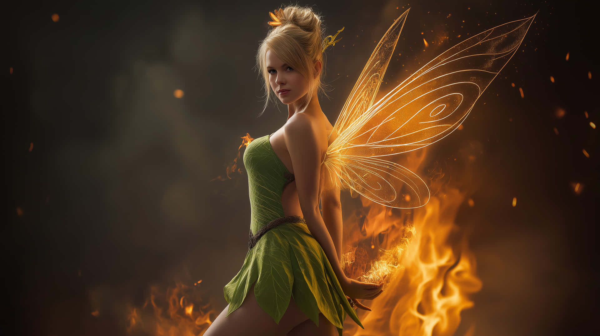 Tinkerbell-inspired fairy with shimmering wings near fiery backdrop 壁紙 — 一位金髮仙女穿著葉子裙，站在熊熊烈火中，擁有發光的半透明翅膀。