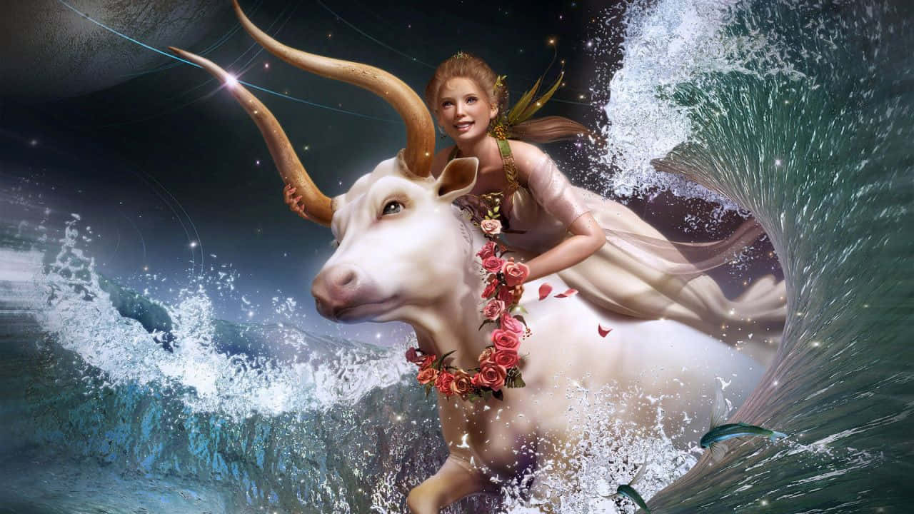 taurus 桌布 壁紙 — 一位金髮仙女騎著一頭裝飾著紅玫瑰的白牛，在星空下穿越洶湧的海浪。