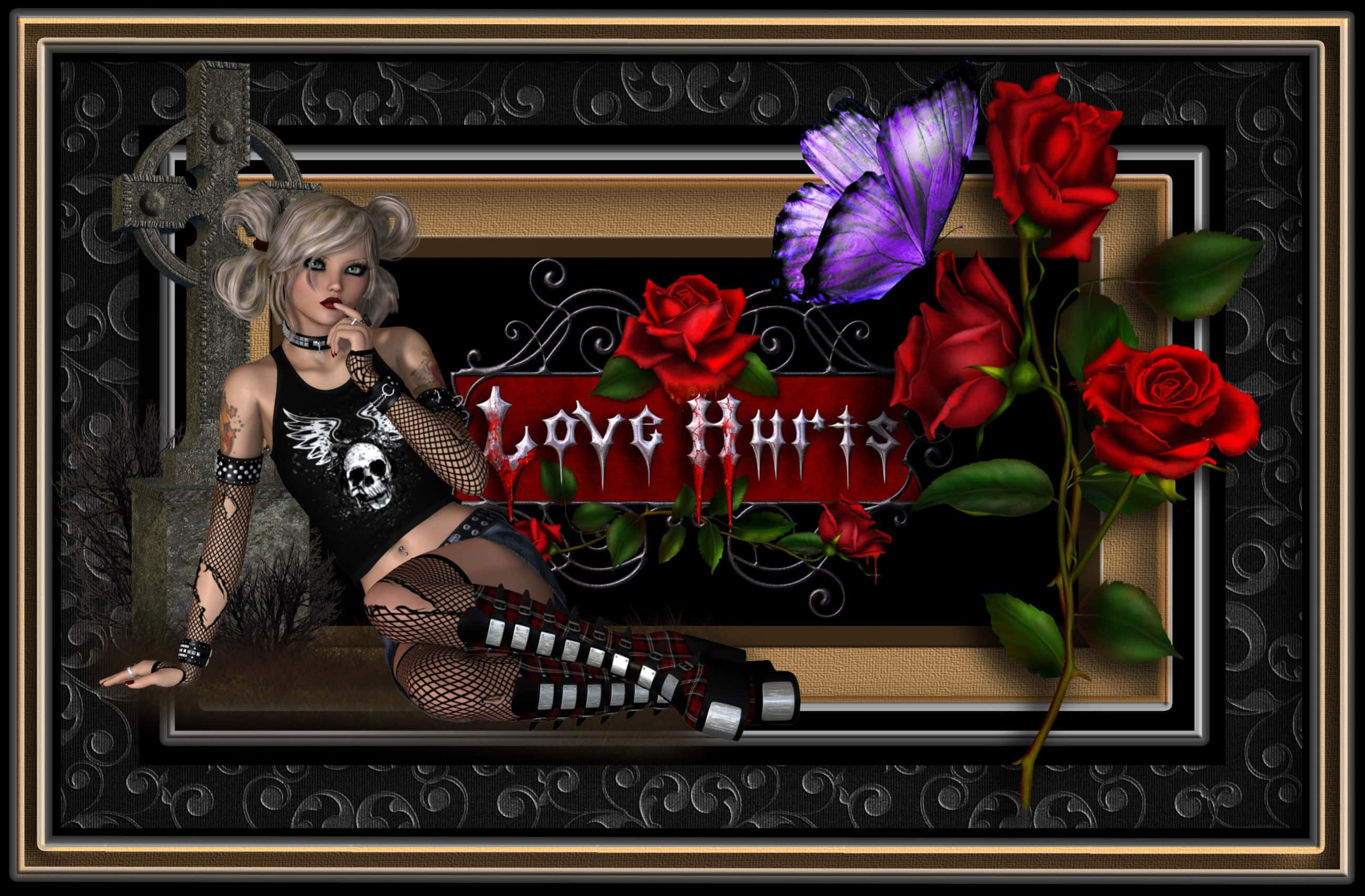 Gothic Costumes 桌布 壁紙 — 一位金髮刺青的哥德式女性坐在紅玫瑰和紫色蝴蝶旁，背景是深色華麗框架，上面寫著「Love Hurts」。