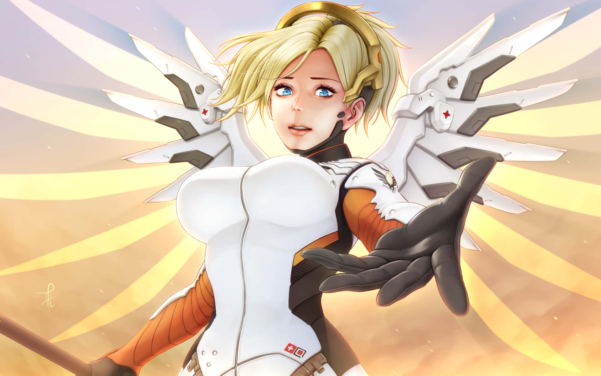 Mercy Overwatch 桌布 壁紙 — 一位金髮動漫天使，擁有機械翅膀，戴著手套的手伸向燦爛的金色天空。