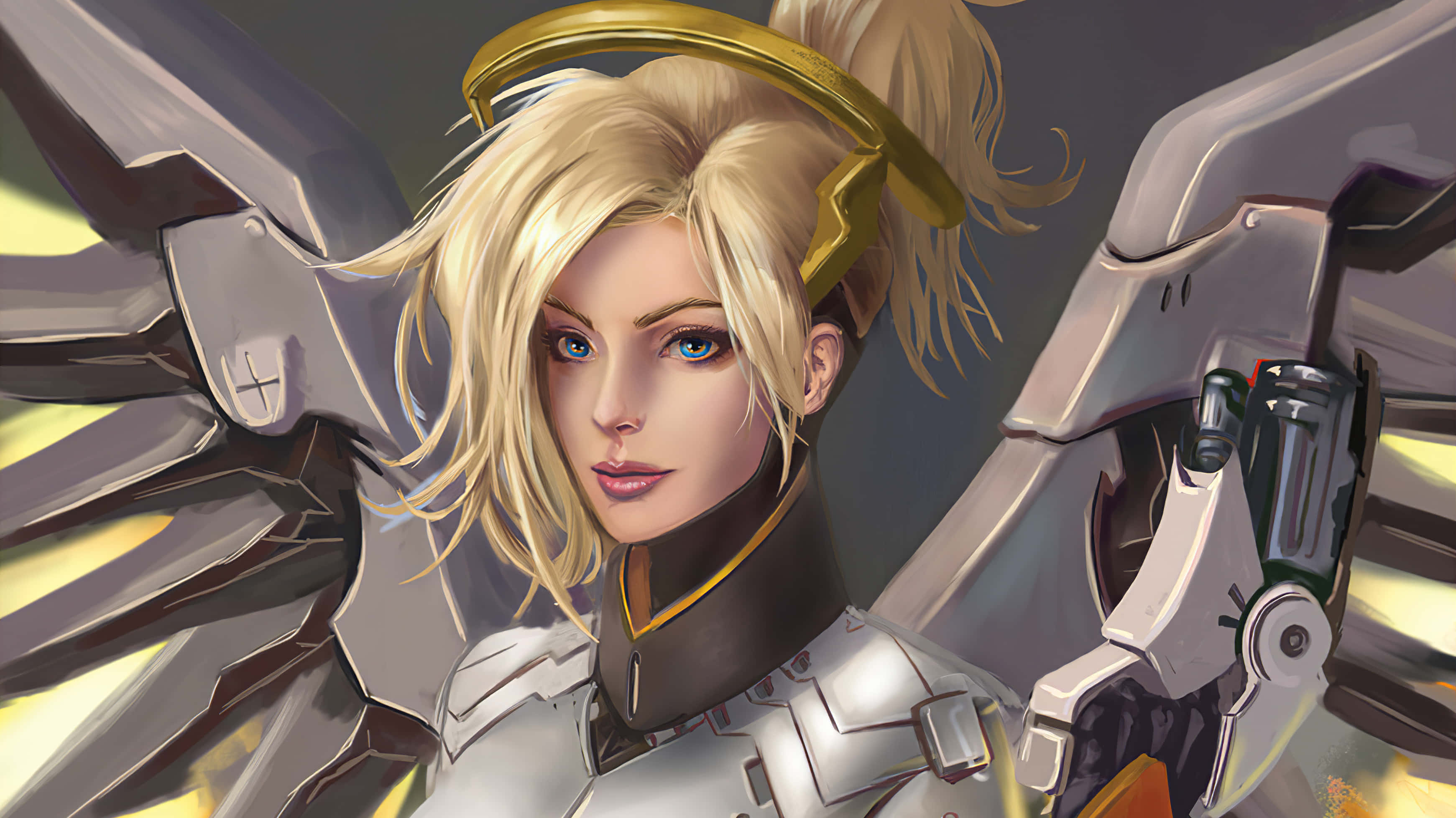 Mercy Overwatch 桌布 壁紙 — 一位金髮動漫天使戰士，擁有機械翅膀和金色光環，在細緻的數位藝術中凝視前方。
