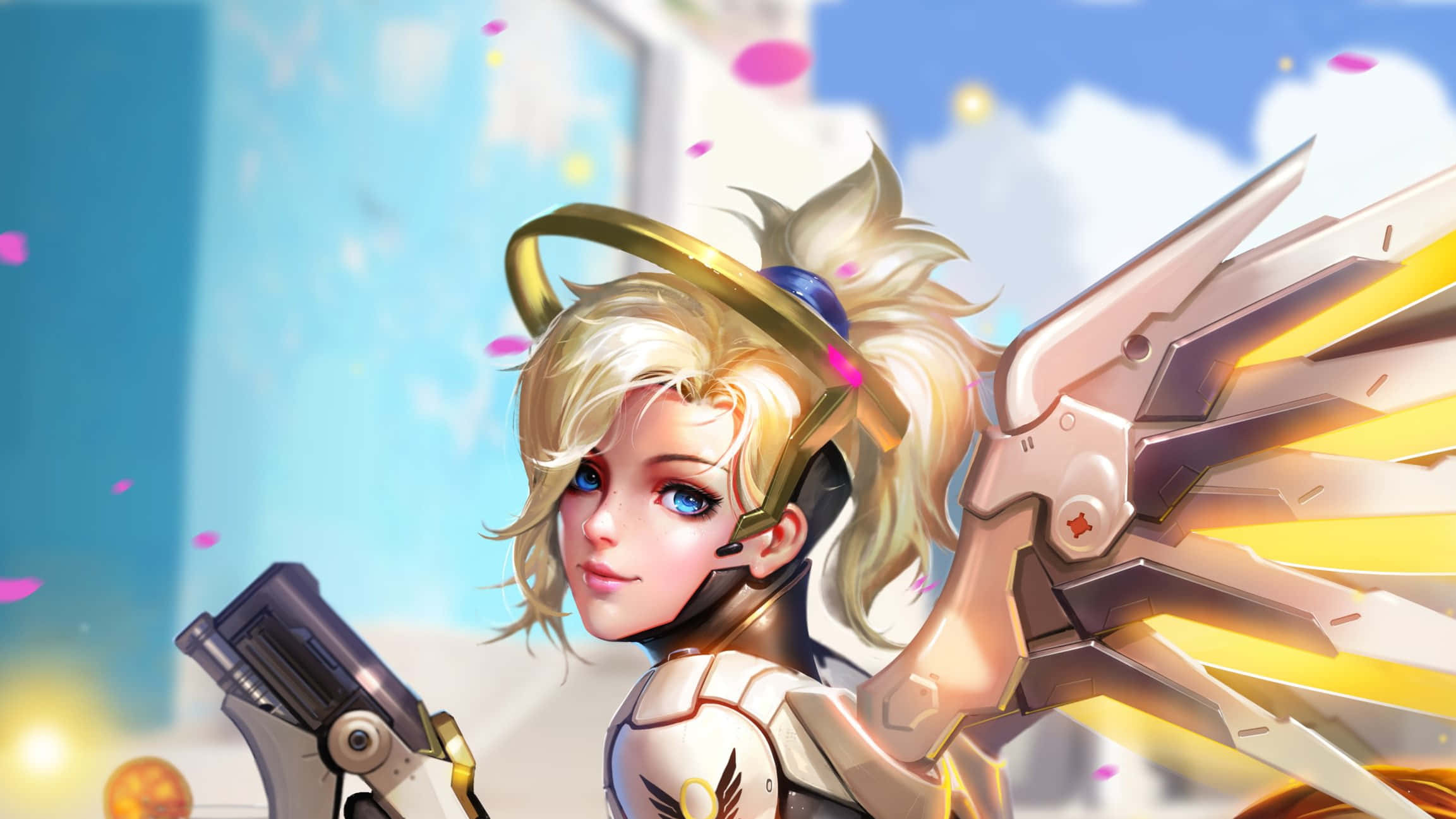 Overwatch Mercy 桌布 壁紙 — 一位金髮動漫天使戰士，擁有機械翅膀和光環，在花瓣飄揚的明亮天空中手持未來手槍。