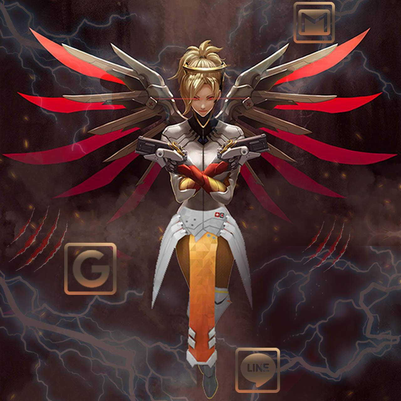 Mercy 桌布 壁紙 — 一位金髮動漫天使戰士，擁有機械翅膀和雙槍，站在閃電交加的暴風雨黑暗背景前。