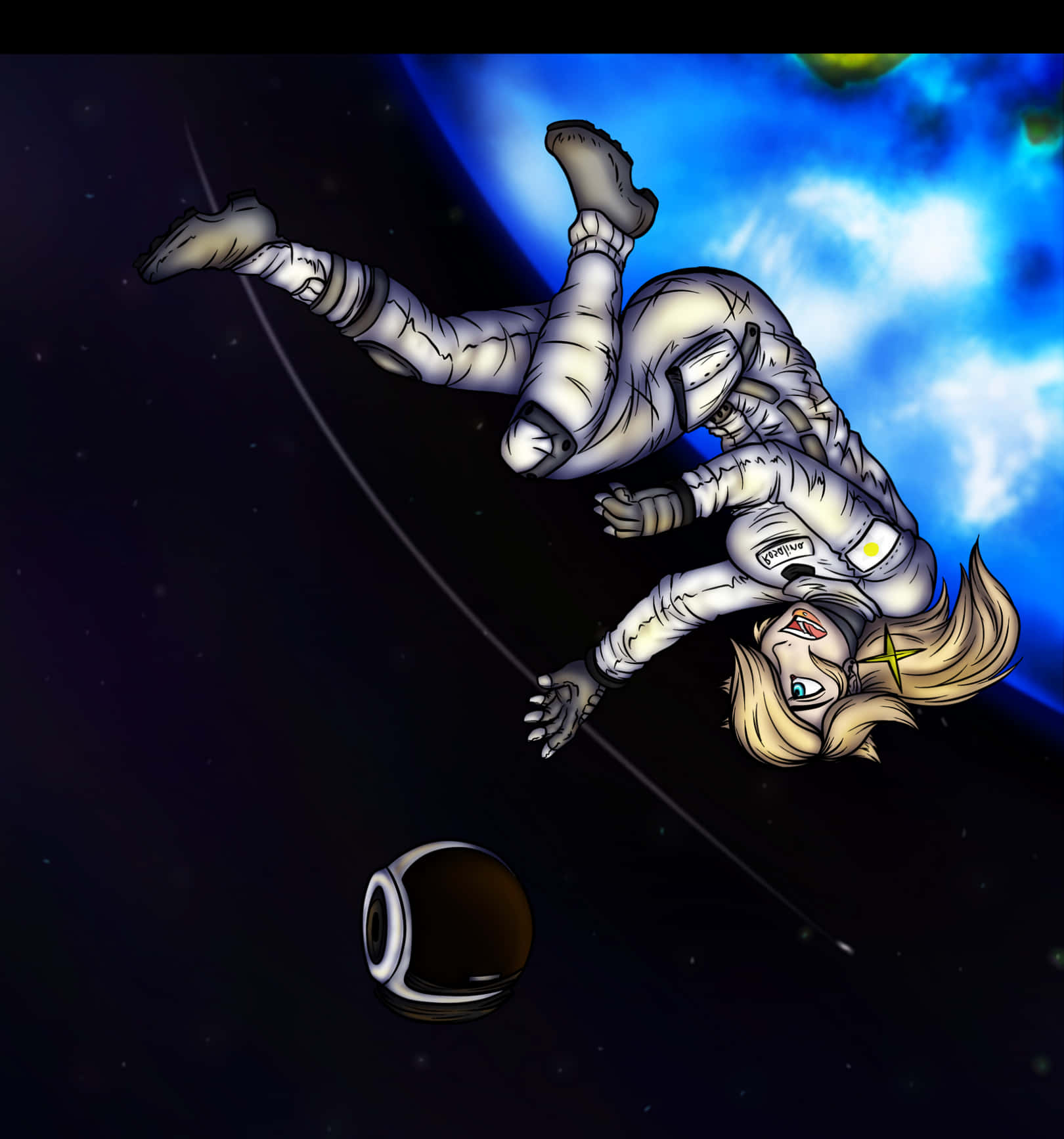 Scary Space 桌布 壁紙 — 一位金髮動漫太空人在零重力下漂浮，背景是充滿活力的藍色星雲，附近有一個脫落的頭盔。