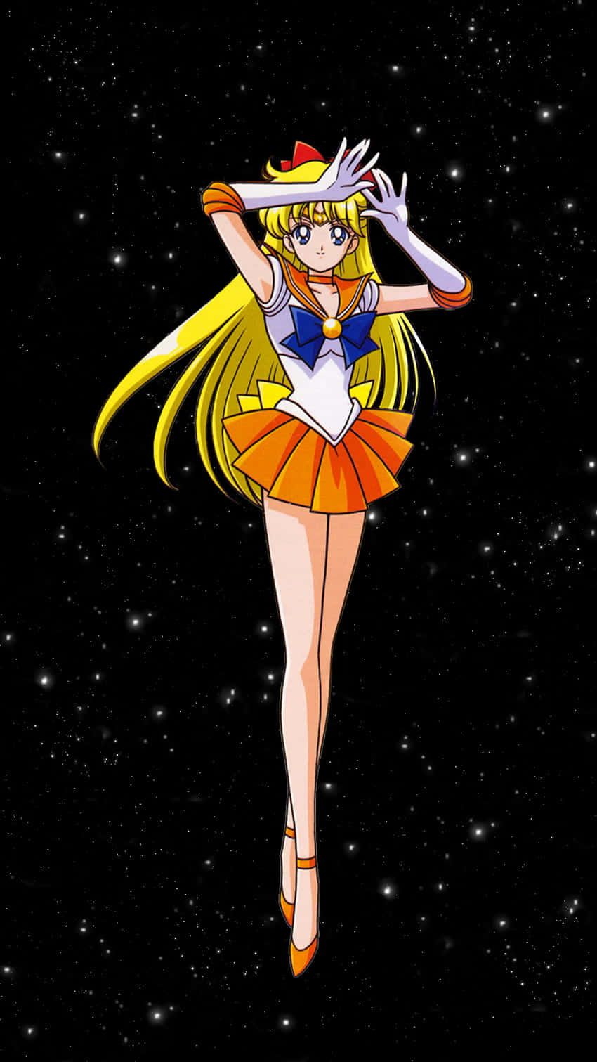 Sailor Venus 桌布 壁紙 — 一位金髮動漫女主角穿著橙色和藍色的水手服，在星空宇宙背景下優雅漂浮。