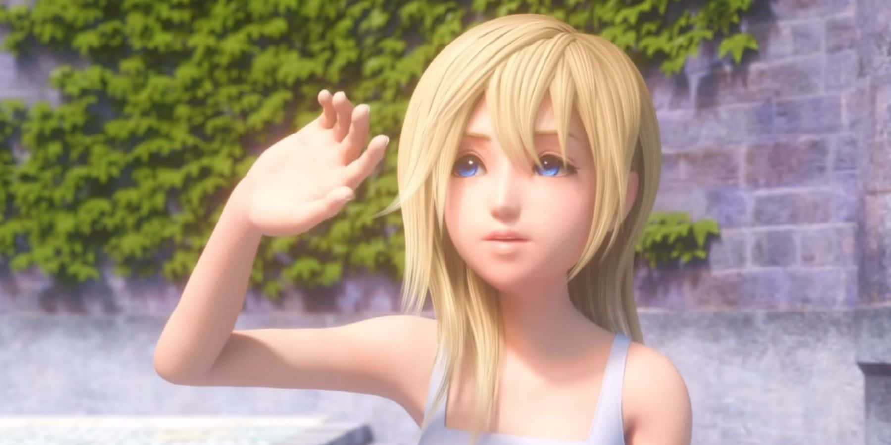Kingdom Hearts Namine 桌布 壁紙 — 一位金髮動漫女孩在佈滿綠色常春藤的石牆前輕輕揮手。