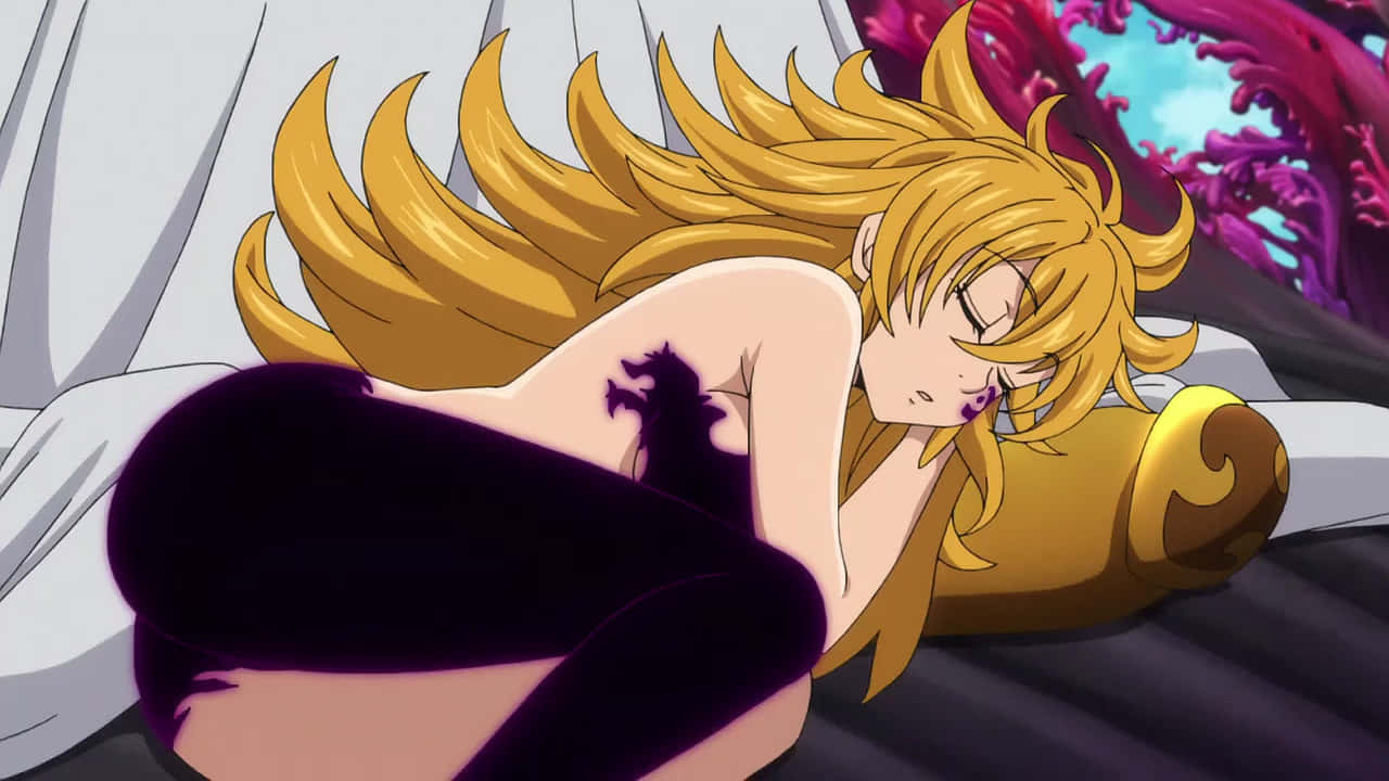 Seven Deadly Sins Derieri 桌布 壁紙 — 一位金髮動漫女孩在帶有白色床單和紫色裝飾的床上安然入睡。